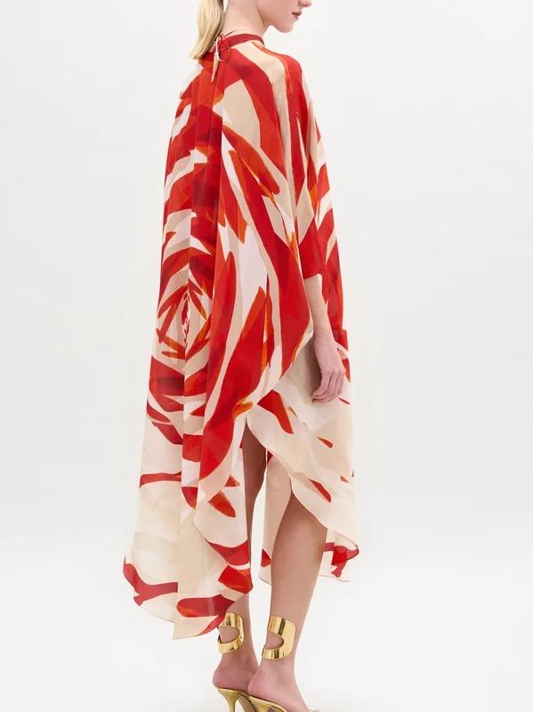 Half Sleeves Loose Flower Print Tied Round-Neck Midi Dresses Product Image