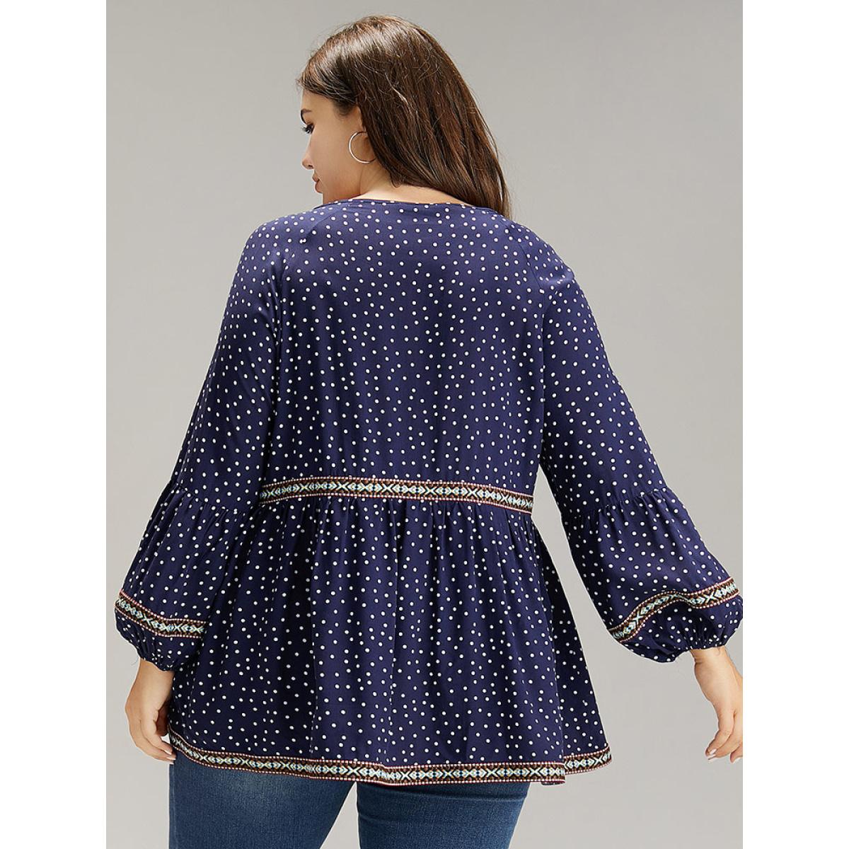 Plus Size Indigo Polka Dot Bandana Trim Ties Blouse Women Resort Long Sleeve Tie Neck Vacation Blouses BloomChic 14-16/1X Product Image