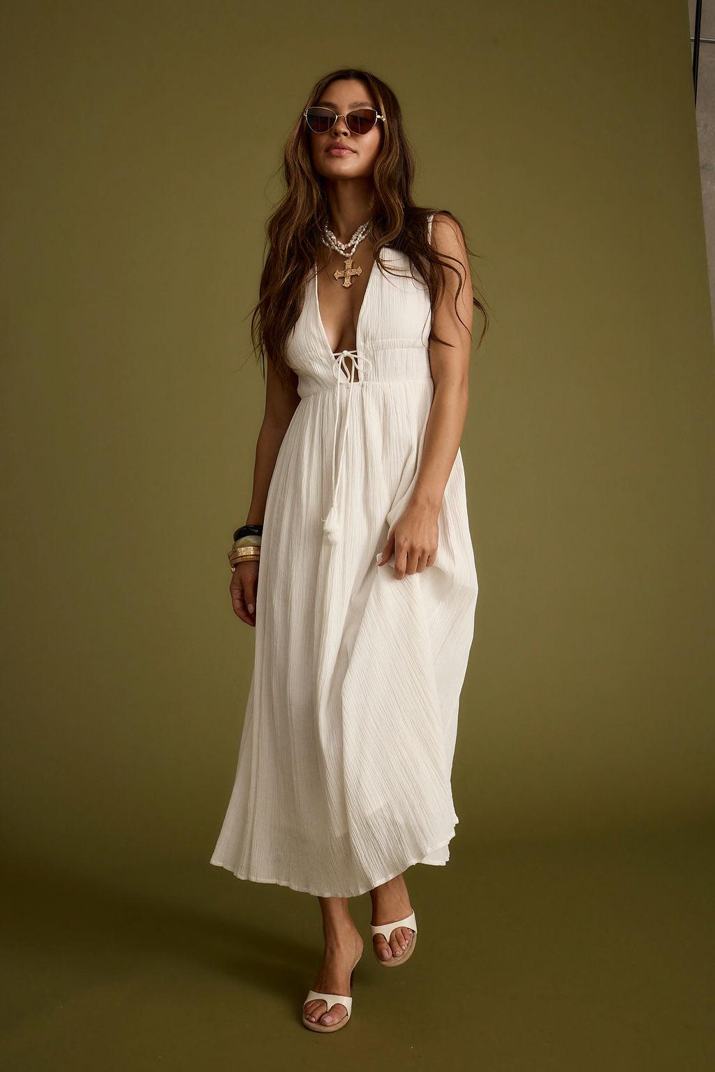 Turks Plunge White Gauze Maxi Dress Product Image