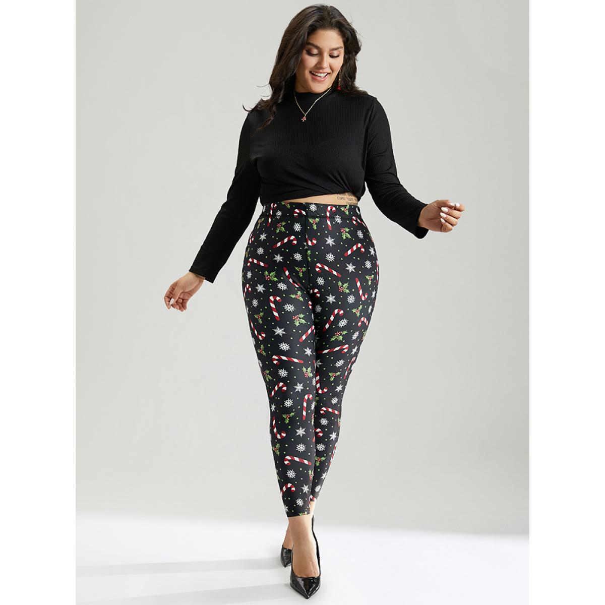 Plus Size Christmas Print Elastic Waist Skinny Leggings Women BlackFlower Casual High stretch Skinny High Rise Festival-Christmas Leggings BloomChic 12/L Product Image