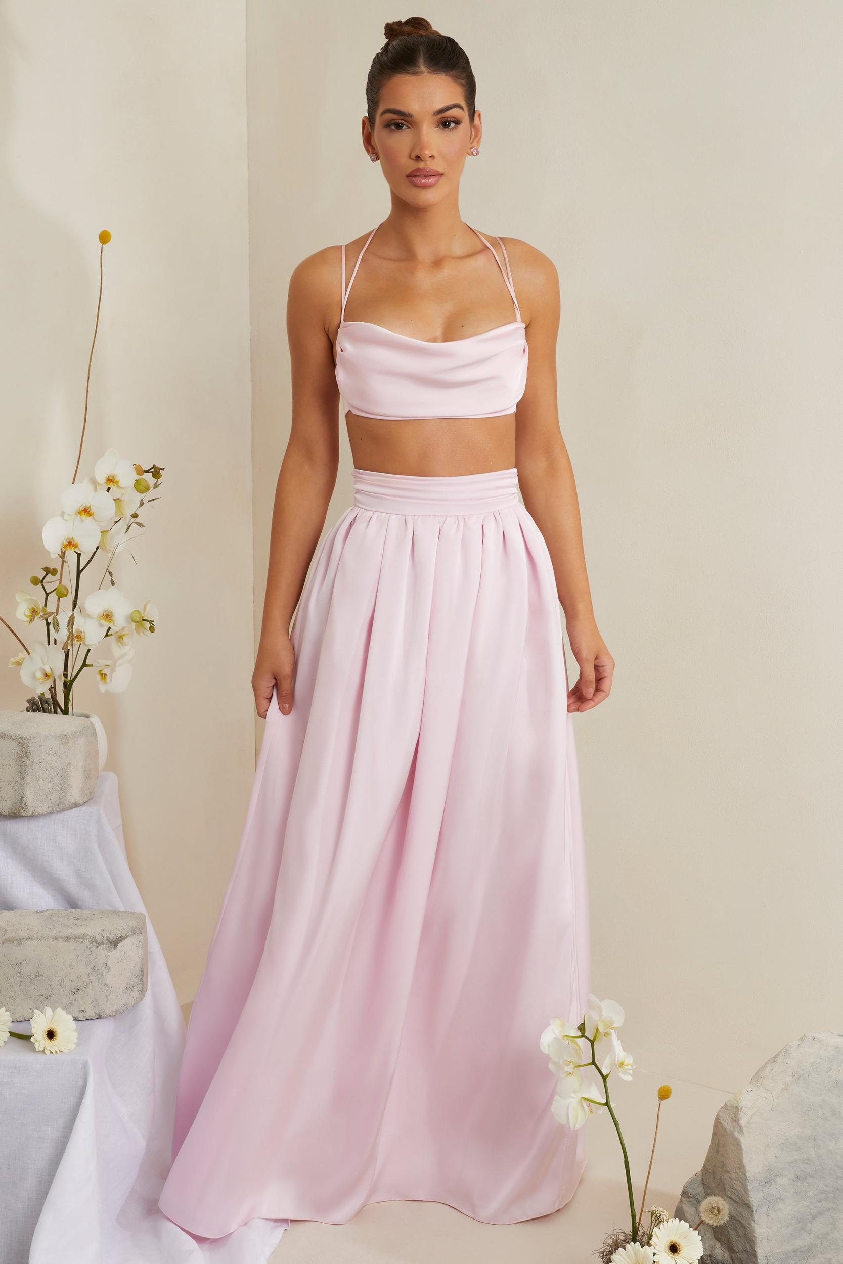 Cowl Neck Heavy Satin Crop Top in Pink Product Image