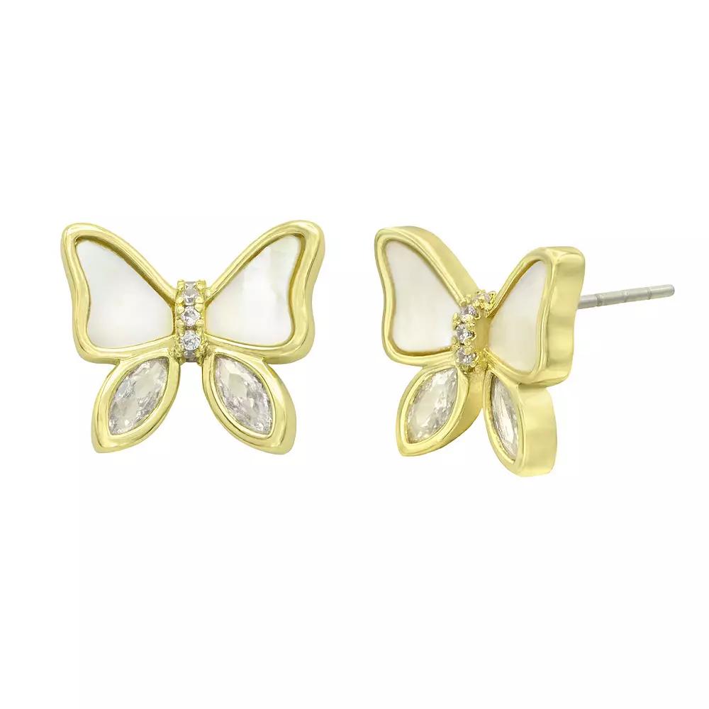 City Luxe Gold Tone Mother Of Pearl & Cubic Zirconia Butterfly Stud Earrings, Women's, Gold Tone Mop Product Image