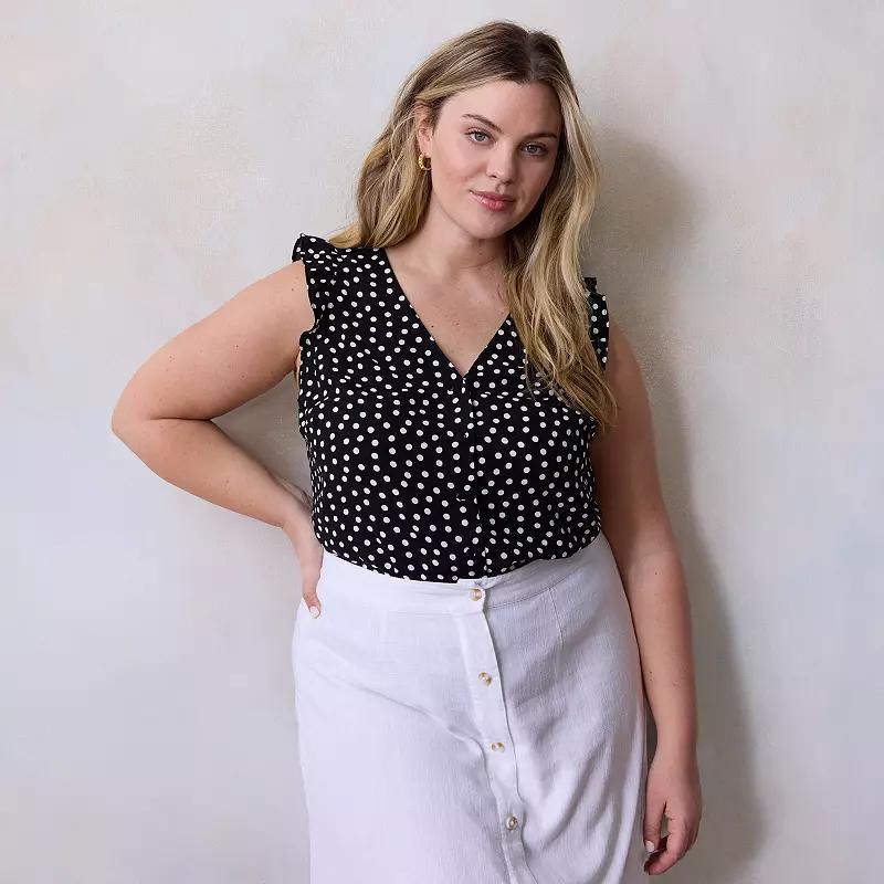 Plus Size LC Lauren Conrad Ruffle Shoulder V-Neck Tank Top, Womens Product Image