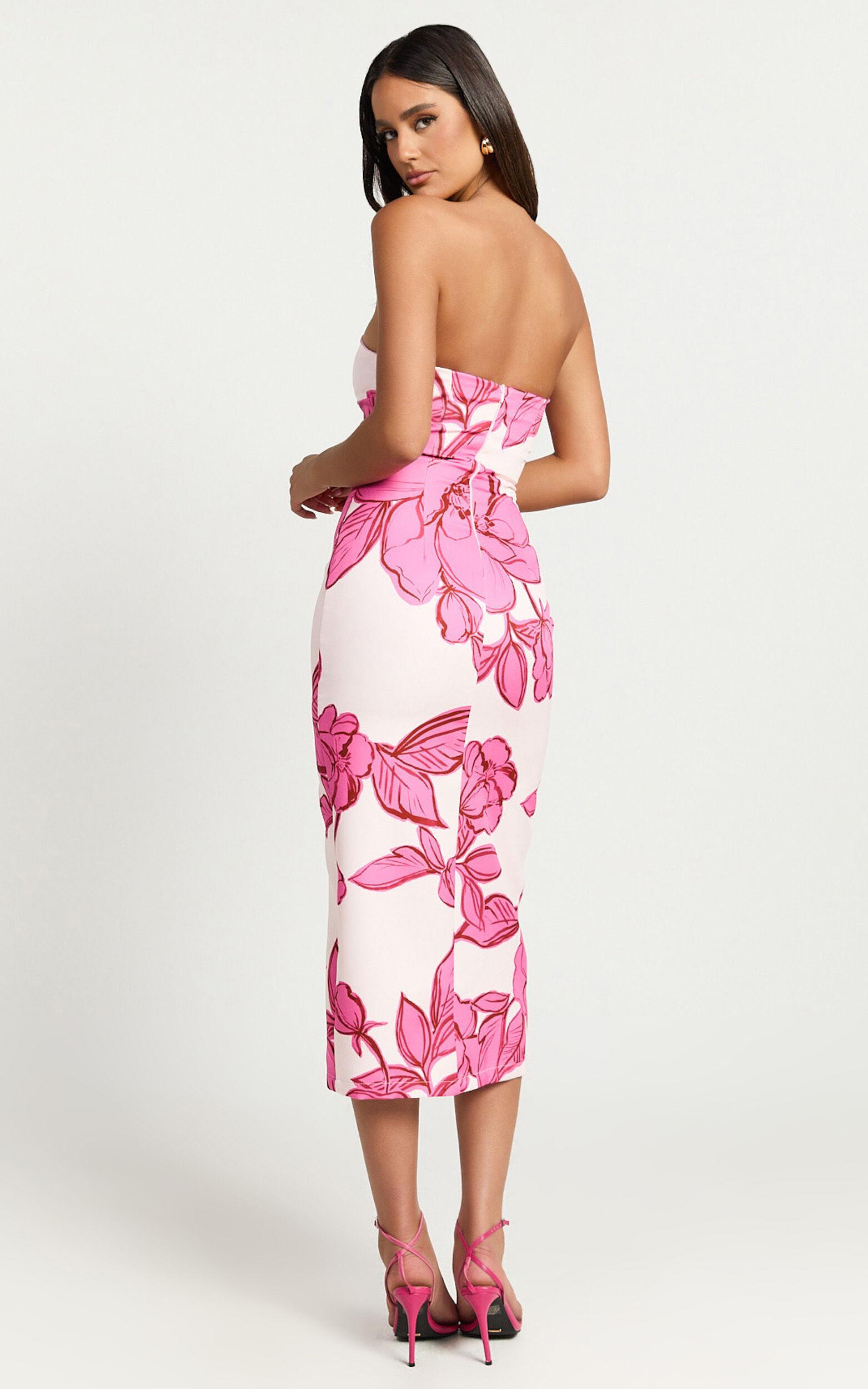 Shantelle Midi Dress - Strapless Bodycon Back Split Dress in Bouquet Di Fiori Print Product Image