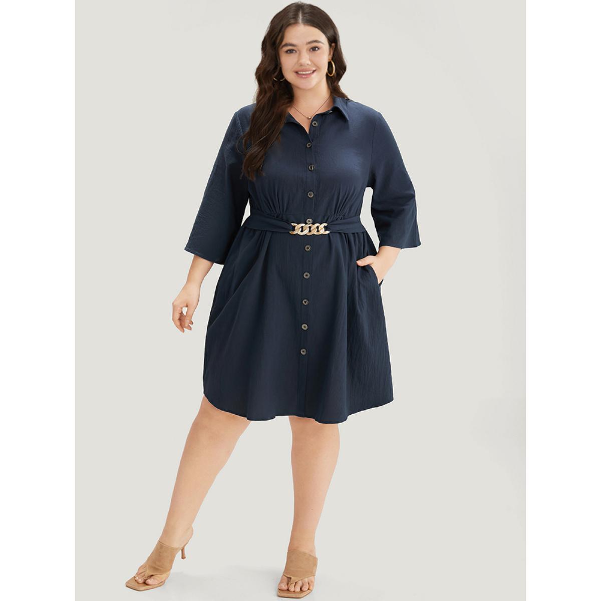 Plus Size Solid Pocket Metal Buckle Detail Shirt Collar Dress Navy Women Office Plain Shirt collar Elbow-length sleeve Curvy Knee Dress BloomChic 26/4X Product Image