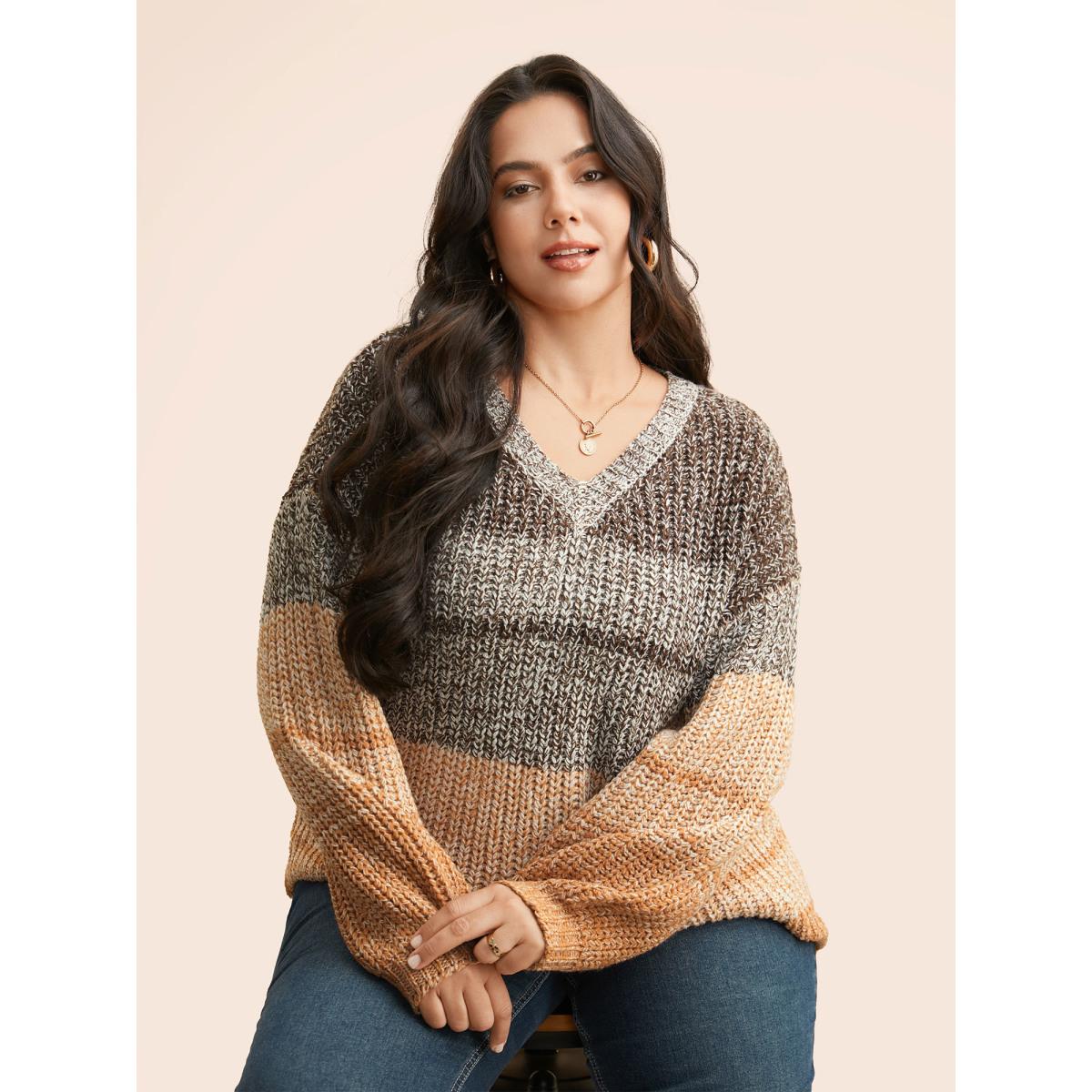 Plus Size Colorblock Contrast Puff Sleeve Pullover DarkBrown Women Casual Loose Long Sleeve V-neck Everyday Pullovers BloomChic 28/5X Product Image