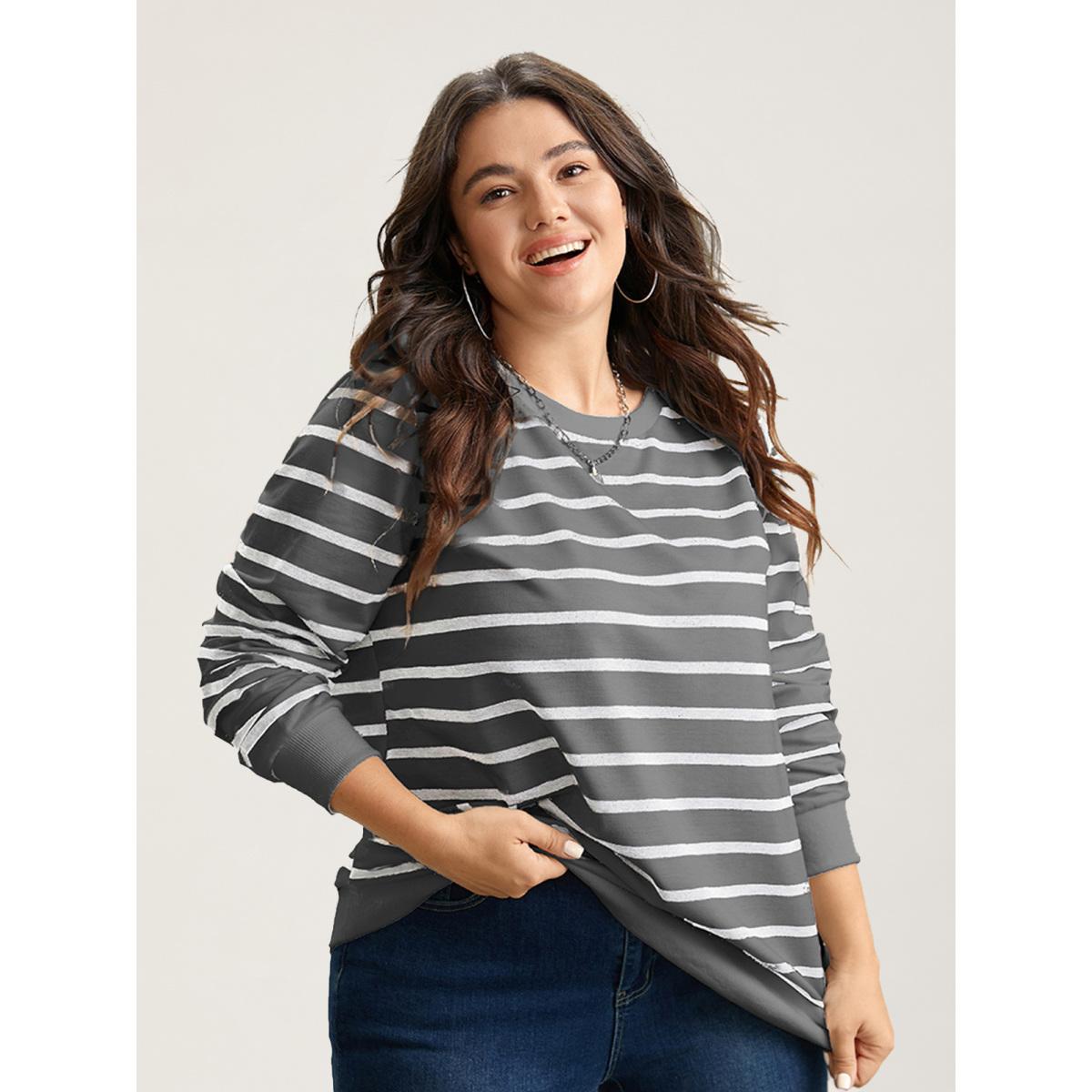 Plus Size Rib Knit Striped Round Neck Sweatshirt Women DarkGray Casual Non Round Neck Everyday Sweatshirts BloomChic 26/4X Product Image
