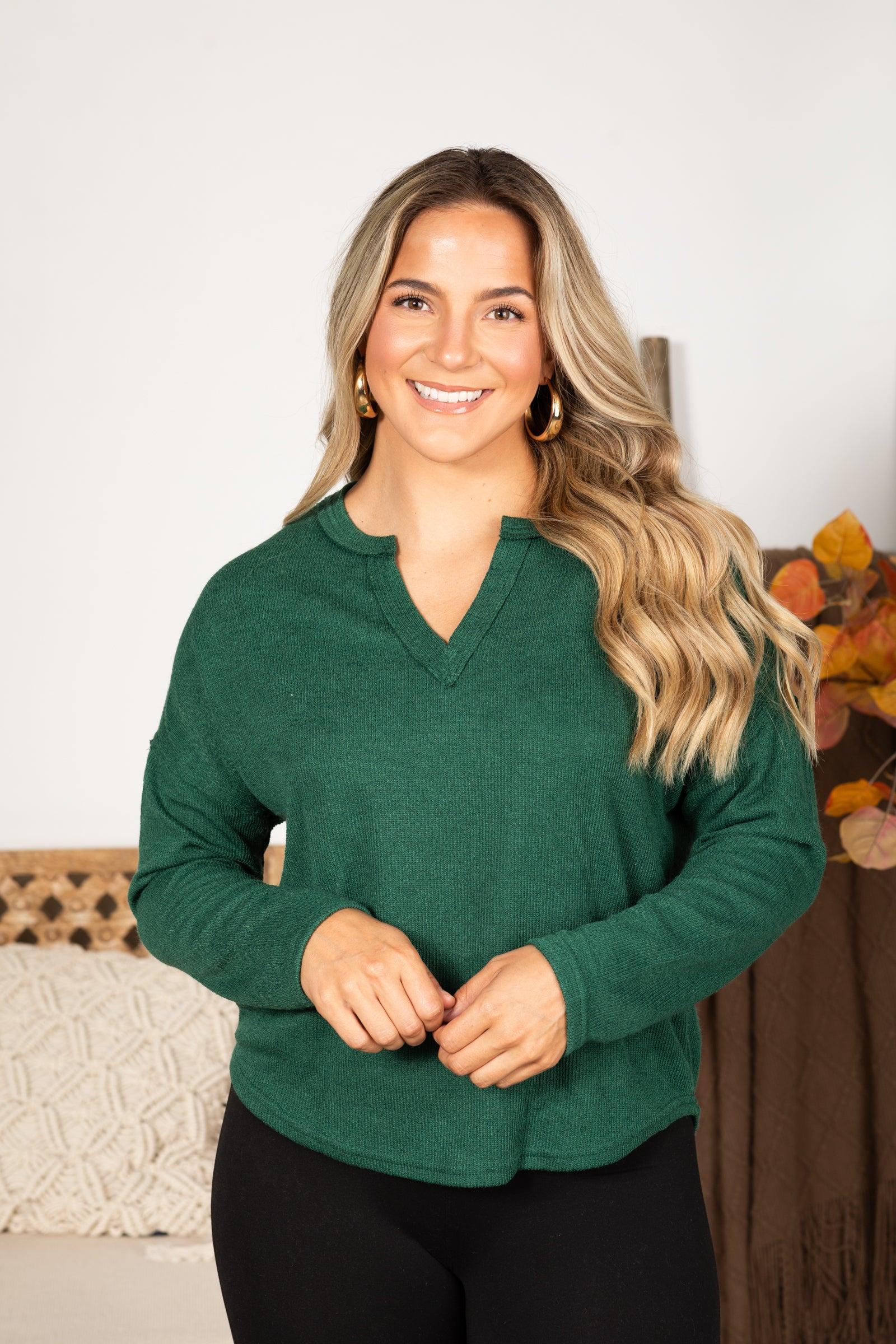 Solid Notch Long Sleeve Knit Top Product Image