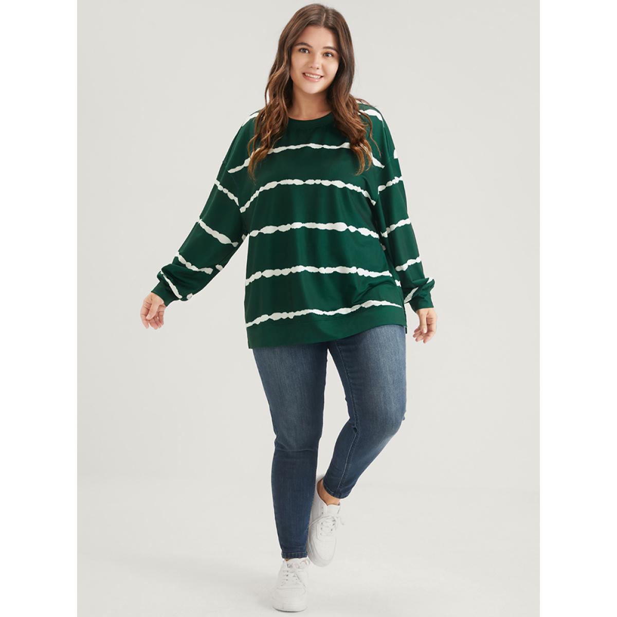 Plus Size Tie Dye Striped Side Split Drop Shoulder Sweatshirt Women Green Casual Tie Dye Loose Round Neck Dailywear Sweatshirts BloomChic 18-20/2X Product Image