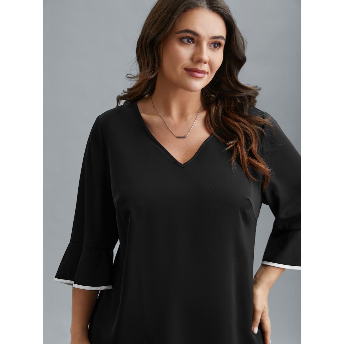 Plus Size Black Color-Block Spliced Ruffled Overlap Hem Blouse Women At the Office Elbow-length sleeve V-neck Work Blouses BloomChic 10/M Product Image
