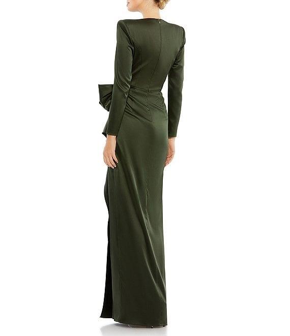 Mac Duggal Long Sleeve Crew Neck Ruched Waist Draped Bow Thigh High Slit Satin A-Line Gown Product Image