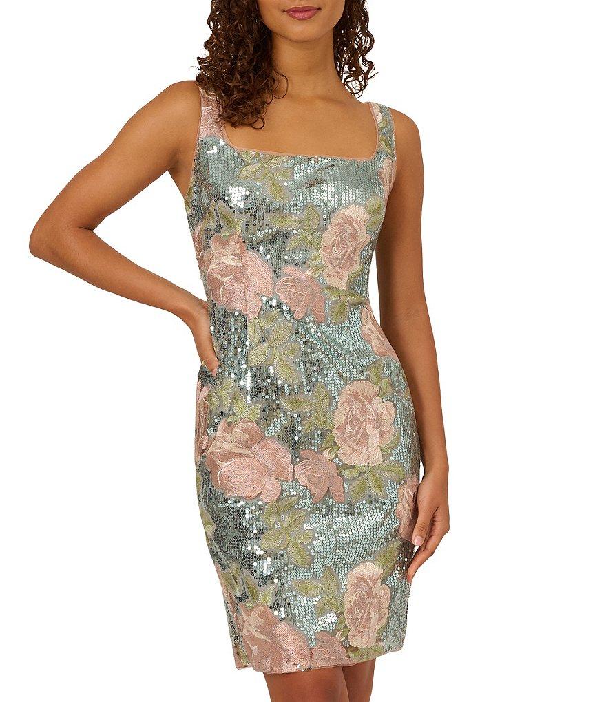 Adrianna Papell Sequin Embroidery Floral Print Square Neck Sleeveless Sheath Dress Product Image