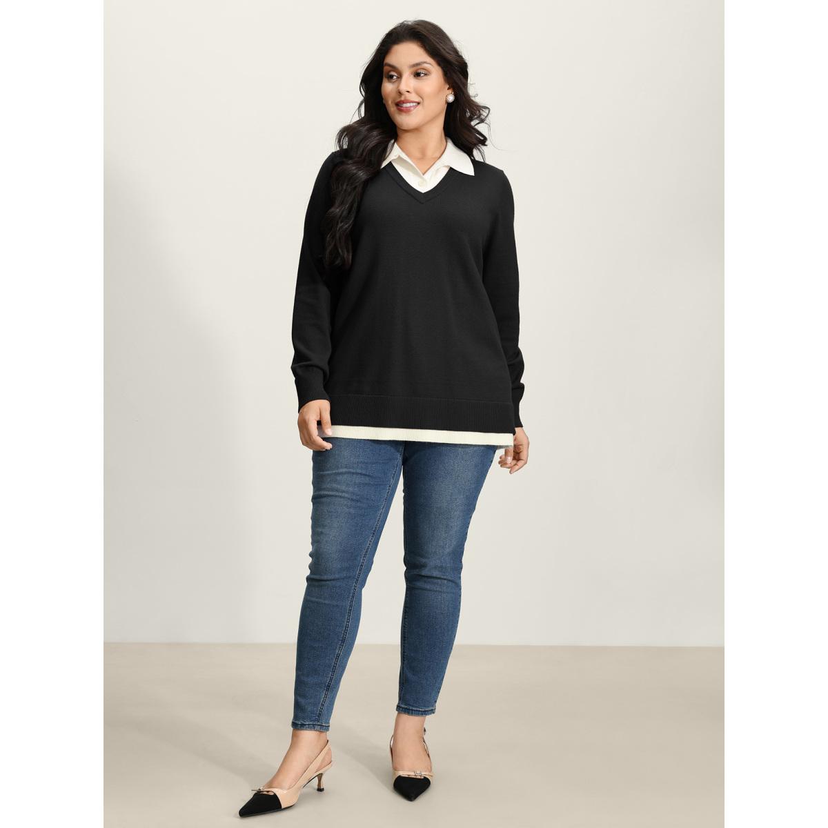 Plus Size Supersoft 2-in-1 Polo Collar Color Contrast Pullover Black Women Office Loose Long Sleeve Polo Office Pullovers BloomChic 14-16/1X Product Image
