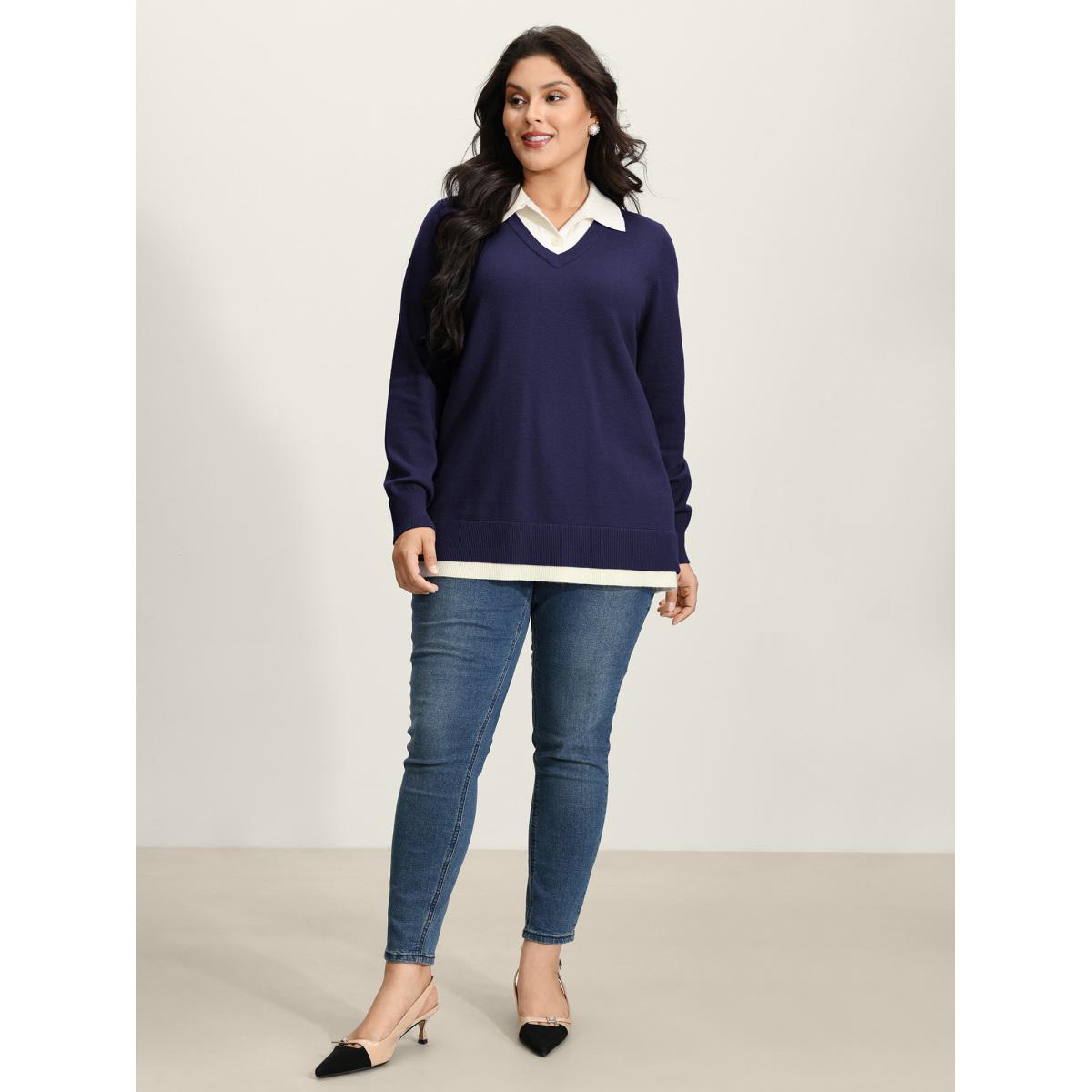 Plus Size Supersoft 2-in-1 Polo Collar Color Contrast Pullover Navy Women Office Loose Long Sleeve Polo Office Pullovers BloomChic 28/5X Product Image
