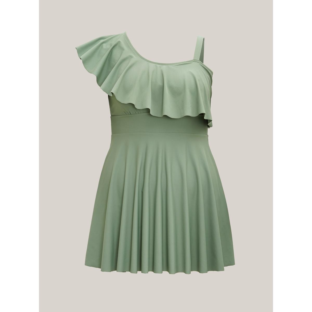 Plus Size Ruffled One-Shoulder Waist-Cinched Swim Dress Women's Swimwear Sage Beach Bodycon Asymmetrical Neck High stretch Curve Swim Dresses BloomChic 18-20/2X Product Image