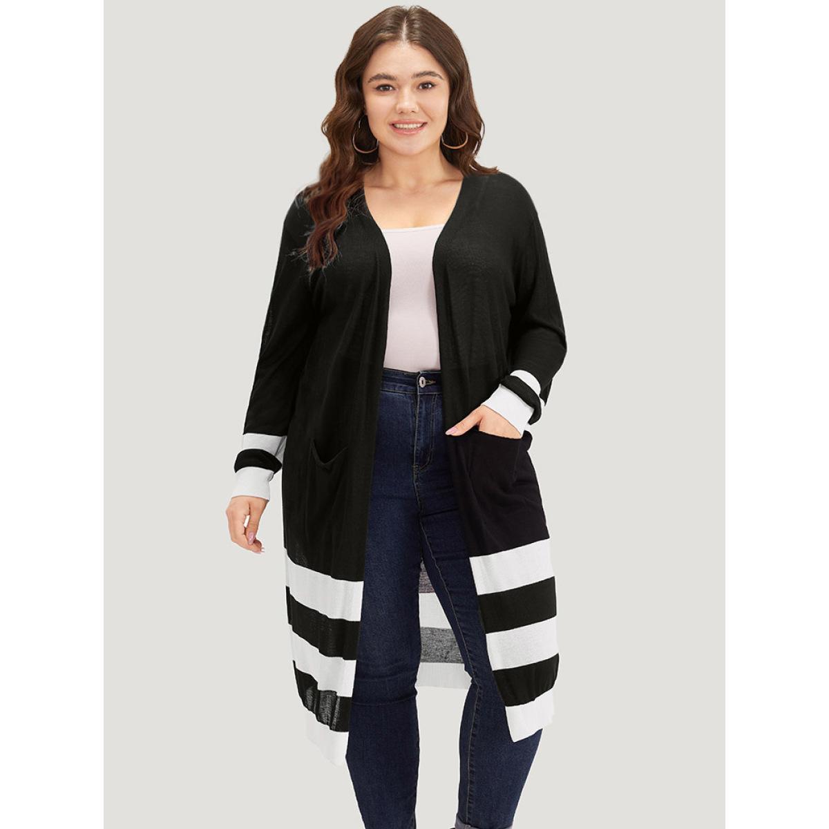 Plus Size Supersoft Essentials Contrast Patched Pocket Maxi Cardigan Black Women Casual Loose Long Sleeve Dailywear Cardigans BloomChic 14-16/1X Product Image