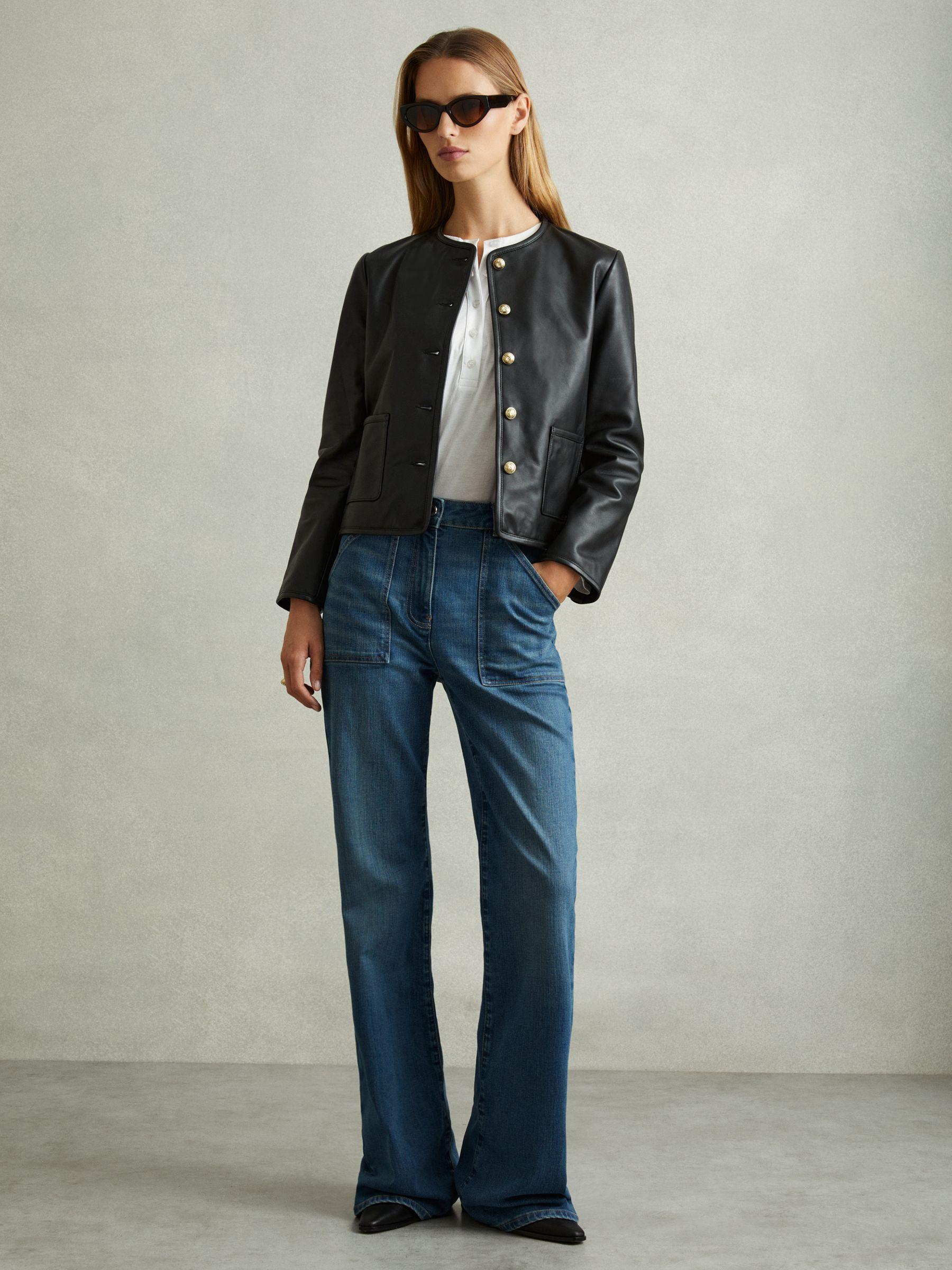 Cropped Leather Jacket in Black Product Image