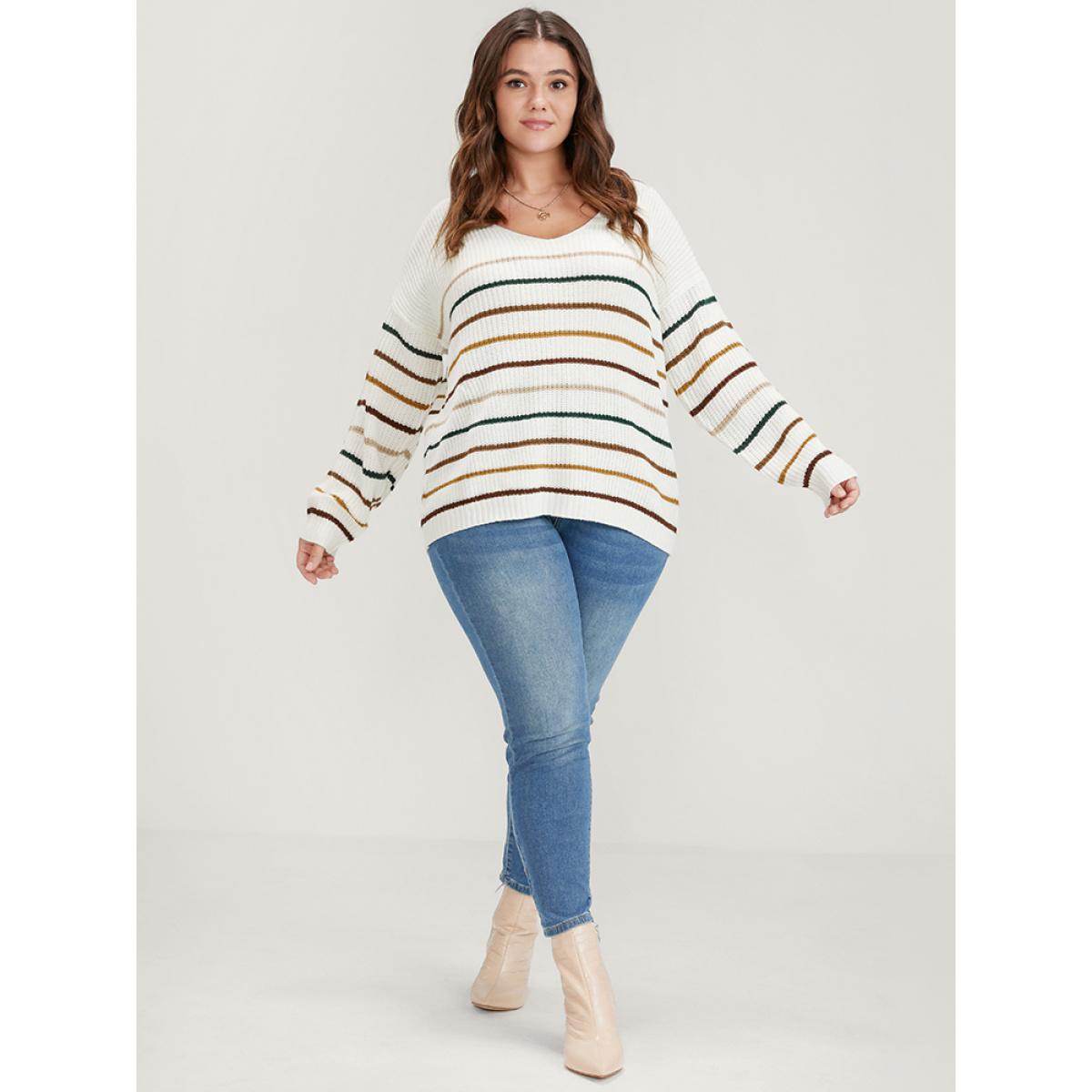 Plus Size Striped Contrast Pointelle Knit V Neck Knit Top White Women Elegant Loose Long Sleeve V-neck Dailywear Pullovers BloomChic 18-20/2X Product Image