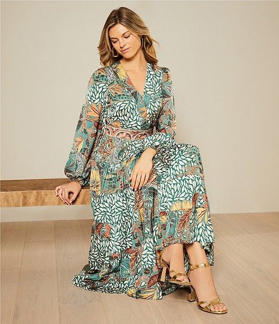 Gibson & Latimer Leaf Print Woven Moonshadow Satin Split V-Neck Long Blouson Sleeve Tiered A-Line Wrap Midi Dress Product Image