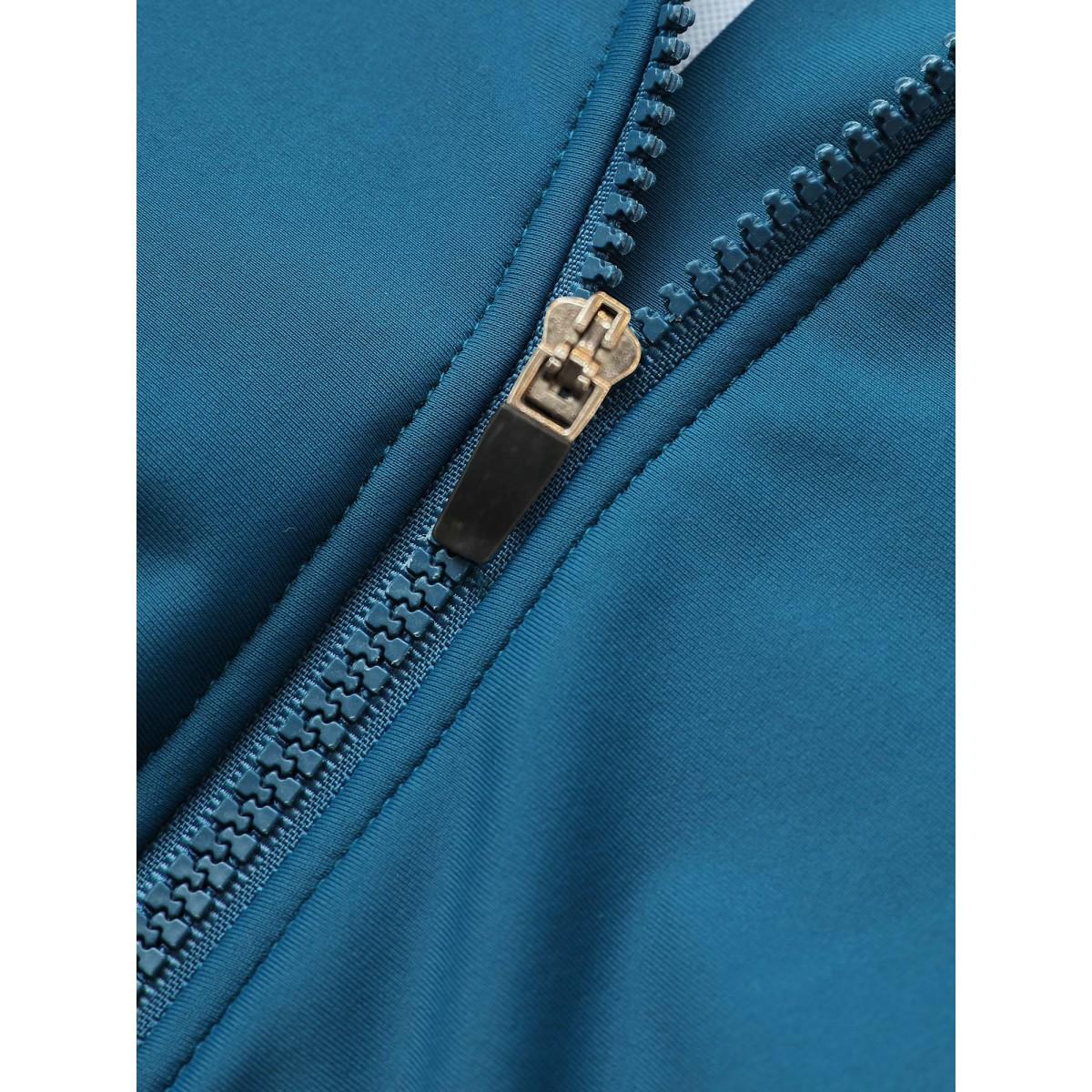 Plus Size Zipper Raglan Sleeve Ruched Swim Top Women's Swimwear Aegean Beach Non High stretch Skinny Round Neck Curve Swim Tops BloomChic 28/5X Product Image