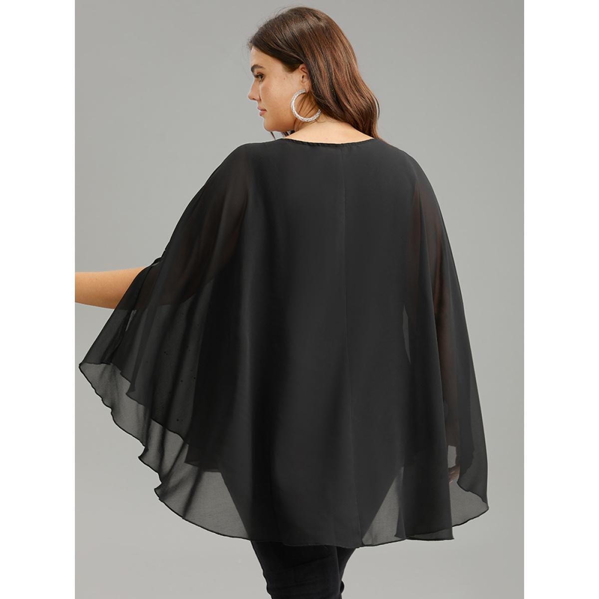 Plus Size Black Chiffon Rhinestone Split Dolman Sleeve Blouse Women Cocktail Elbow-length sleeve Round Neck Party Blouses BloomChic 18-20/2X Product Image
