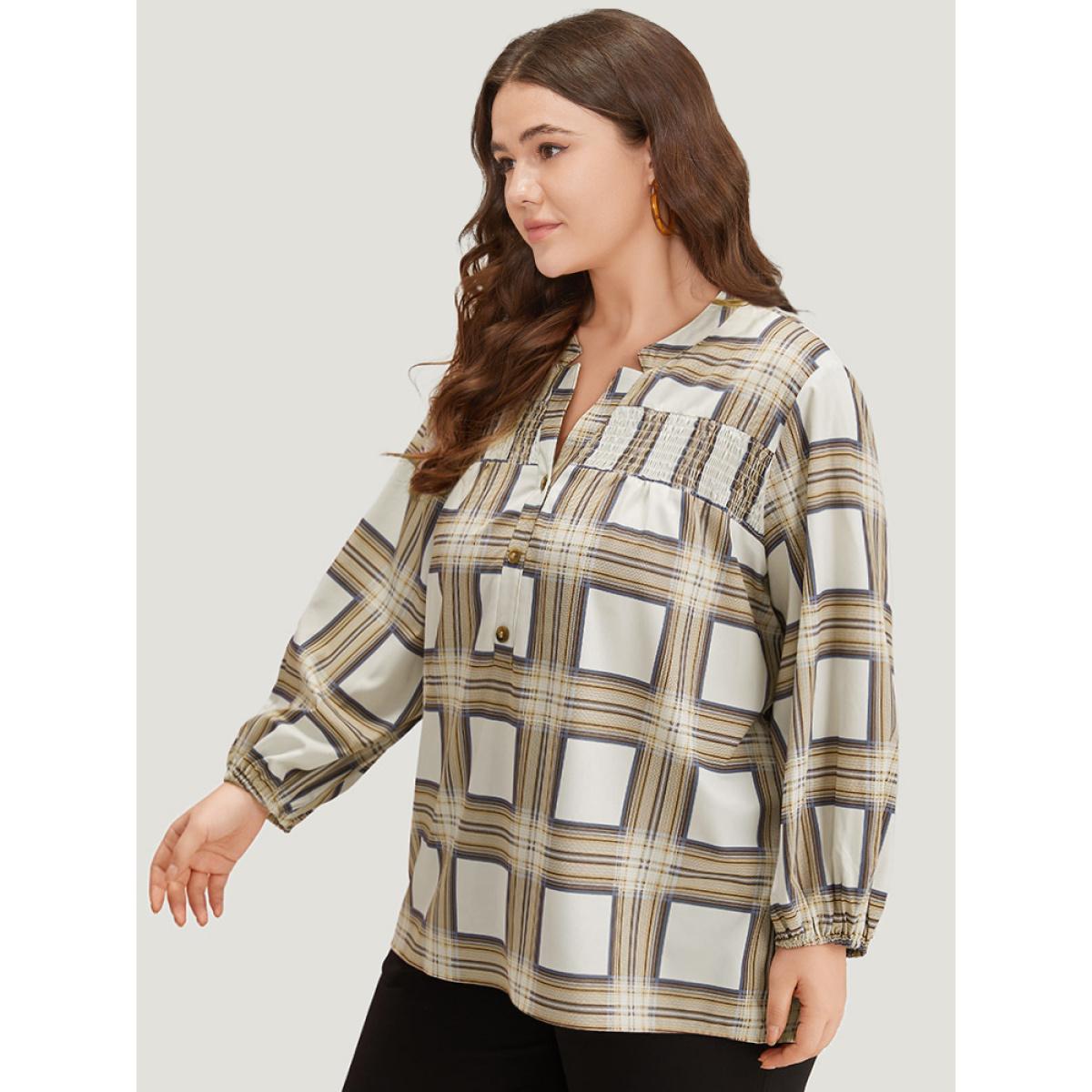 Plus Size Tan Plaid Shirred Notched Button Up Blouse Women Work From Home Long Sleeve V-neck Office Blouses BloomChic 28/5X Product Image