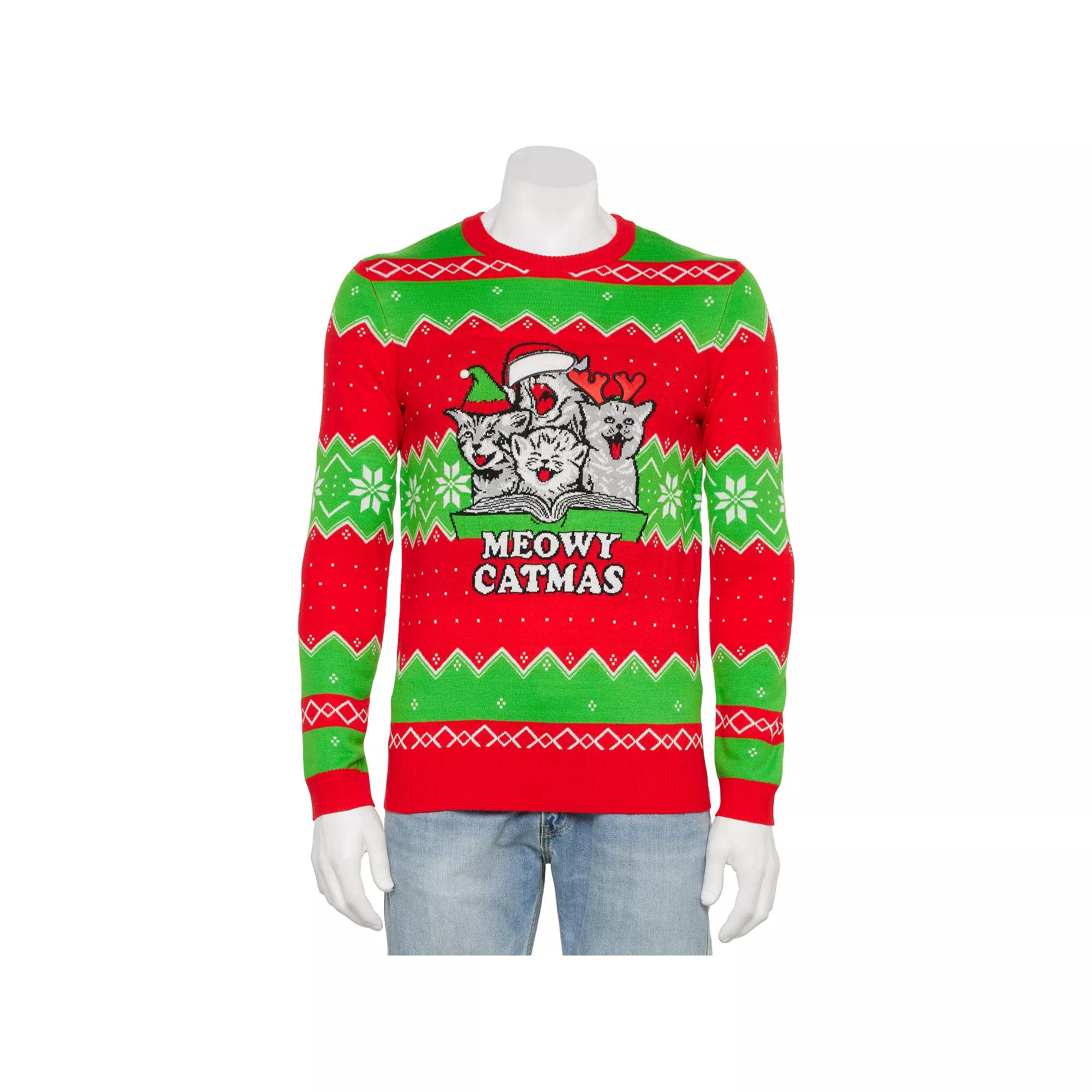 Men's Meowy Catmas Graphic Intarsia Sweater, Size: XXL, Green Product Image