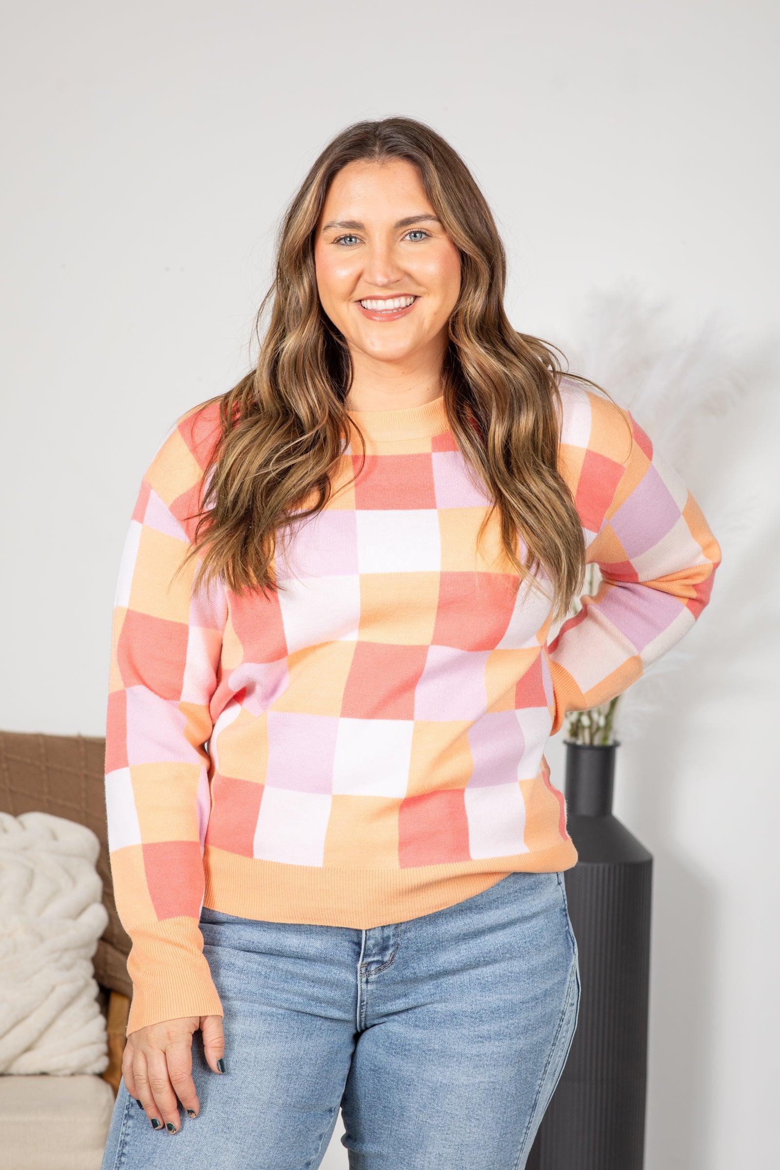 Multi Colored Checkerboard Print Knit Top Product Image