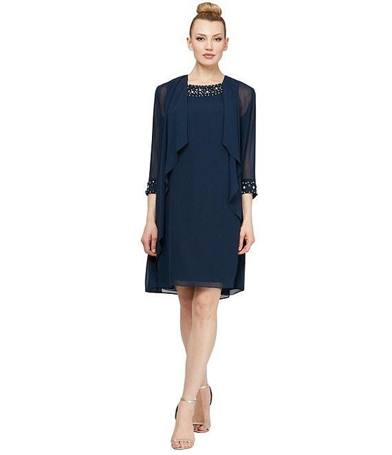 Ignite Evenings Chiffon Beaded Crew Neck 3/4 Sleeve 2-Piece Jacket Dress Product Image