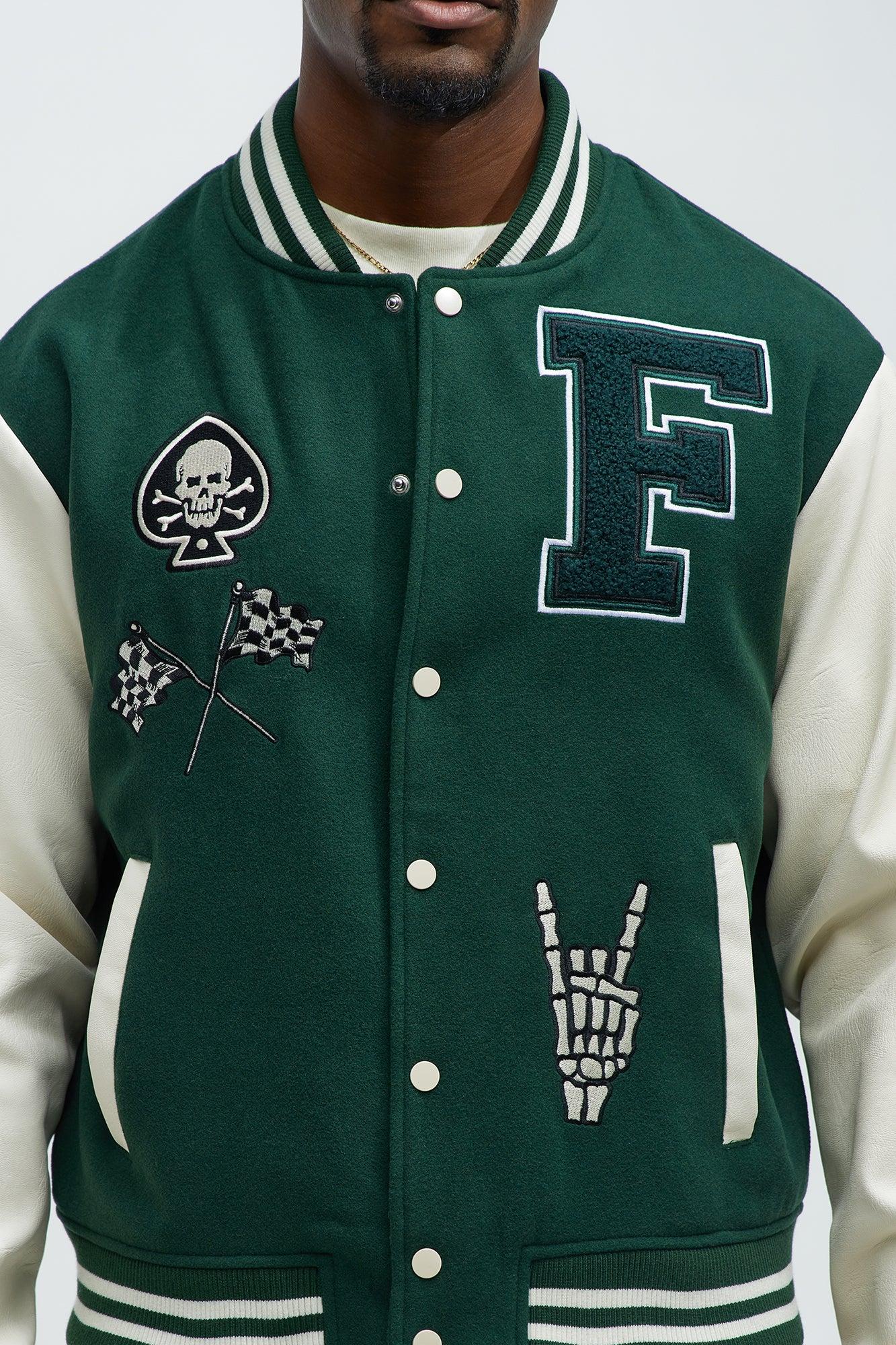 Biker Faux Leather Varsity Jacket - Green/combo Product Image
