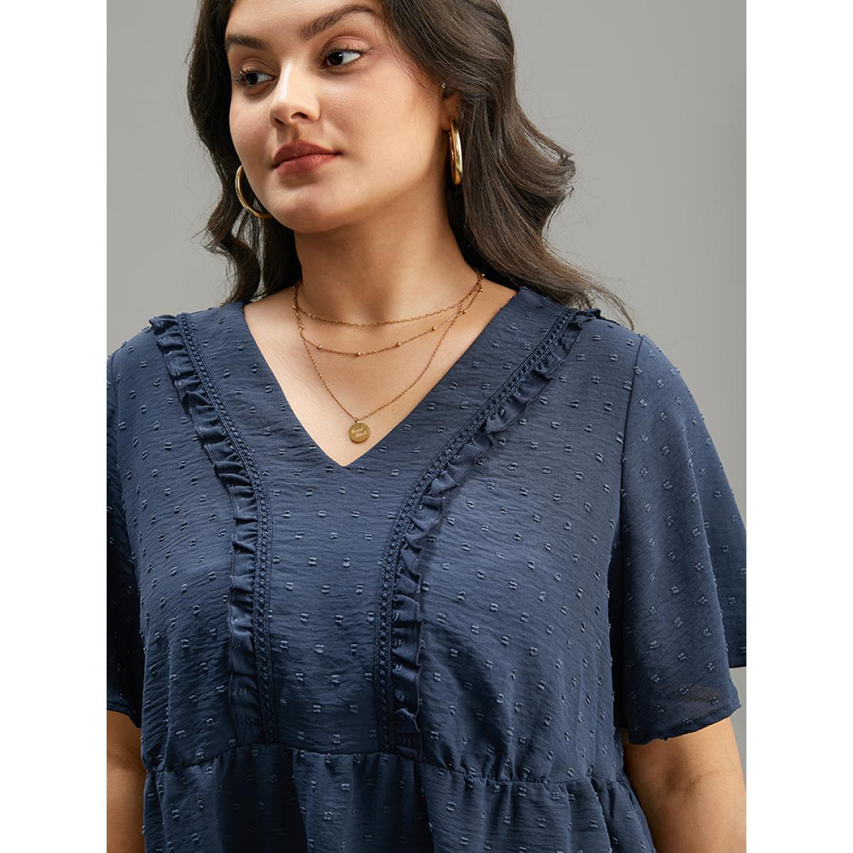 Plus Size Indigo Plain Texture V Neck Lace Patchwork Frill Trim Blouse Women Elegant Short sleeve V-neck Dailywear Blouses BloomChic 30/6X Product Image