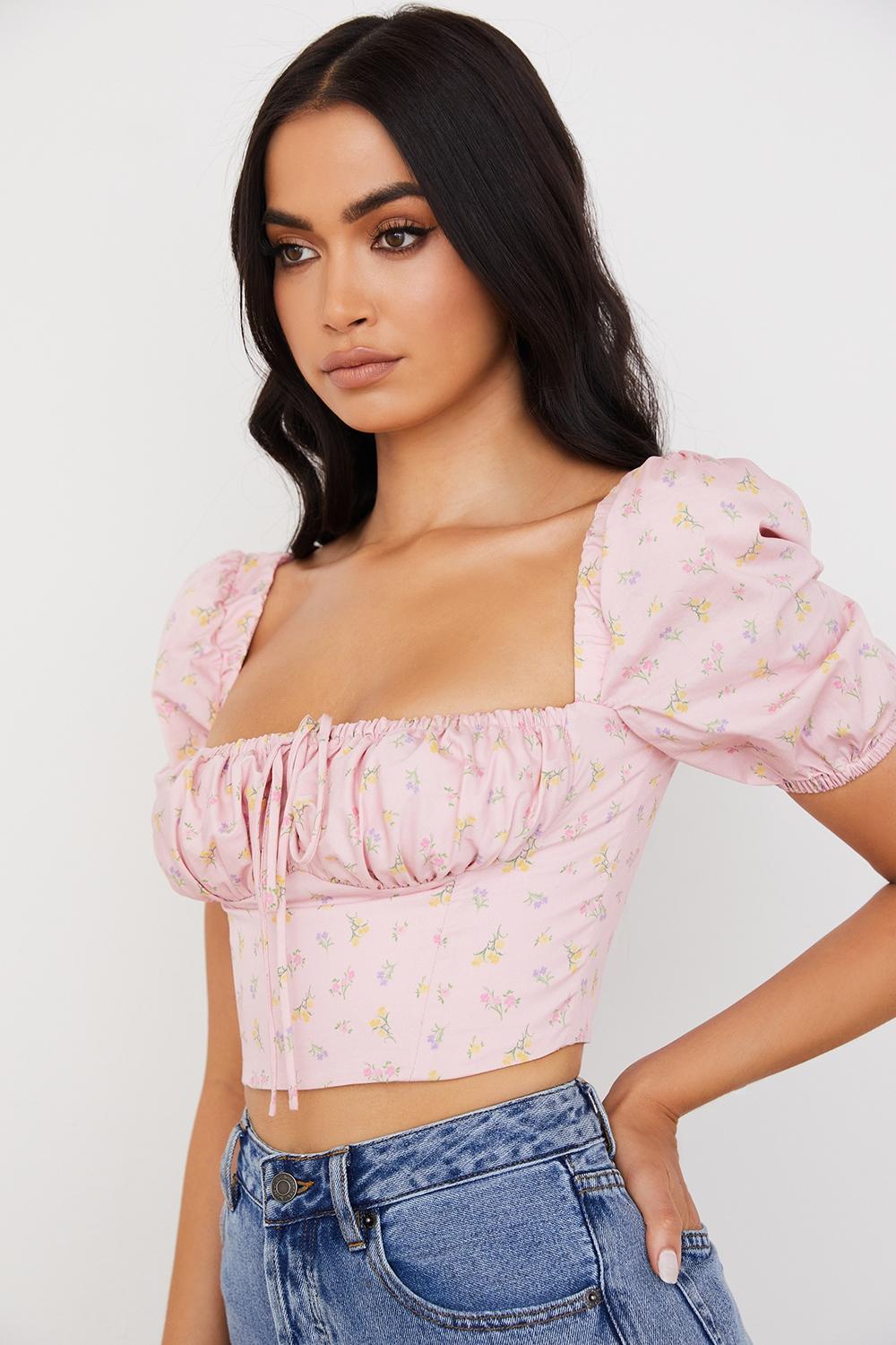 Arianna  pink floral puff sleeve corset Product Image