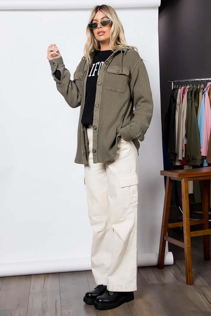 Heavy Waffle Knit Hoodie Shacket Product Image