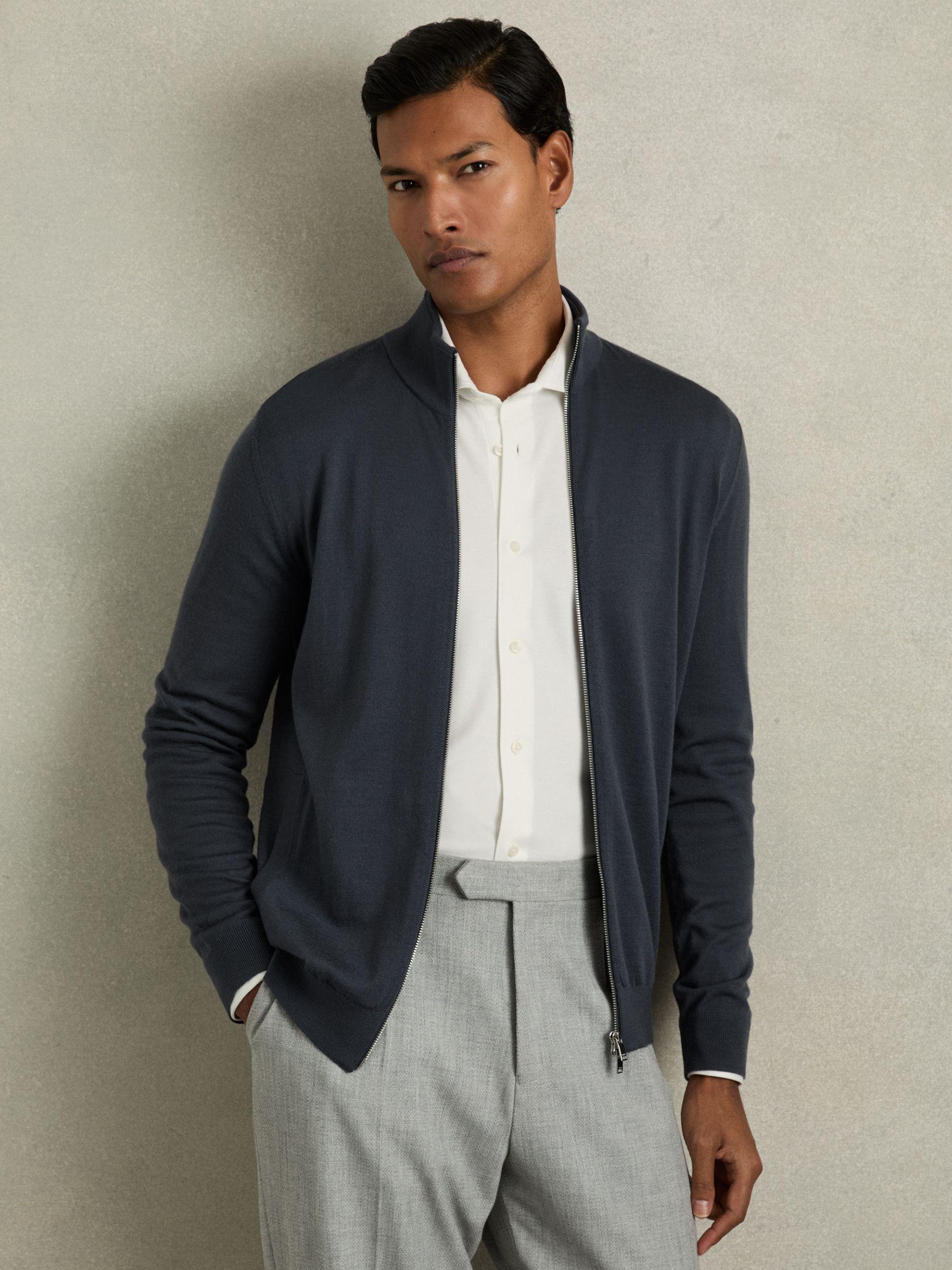 Merino Wool Funnel-Neck Cardigan in Blackened Blue Product Image