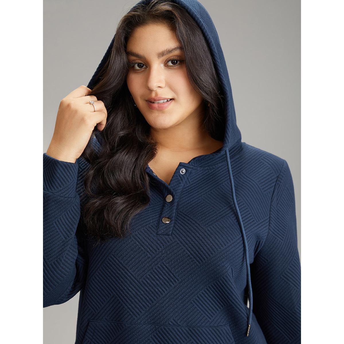 Plus Size Solid Textured Button Up Pocket Hooded Drawstring Sweatshirt Women Indigo Casual Texture Hooded Dailywear Sweatshirts BloomChic 10/M Product Image