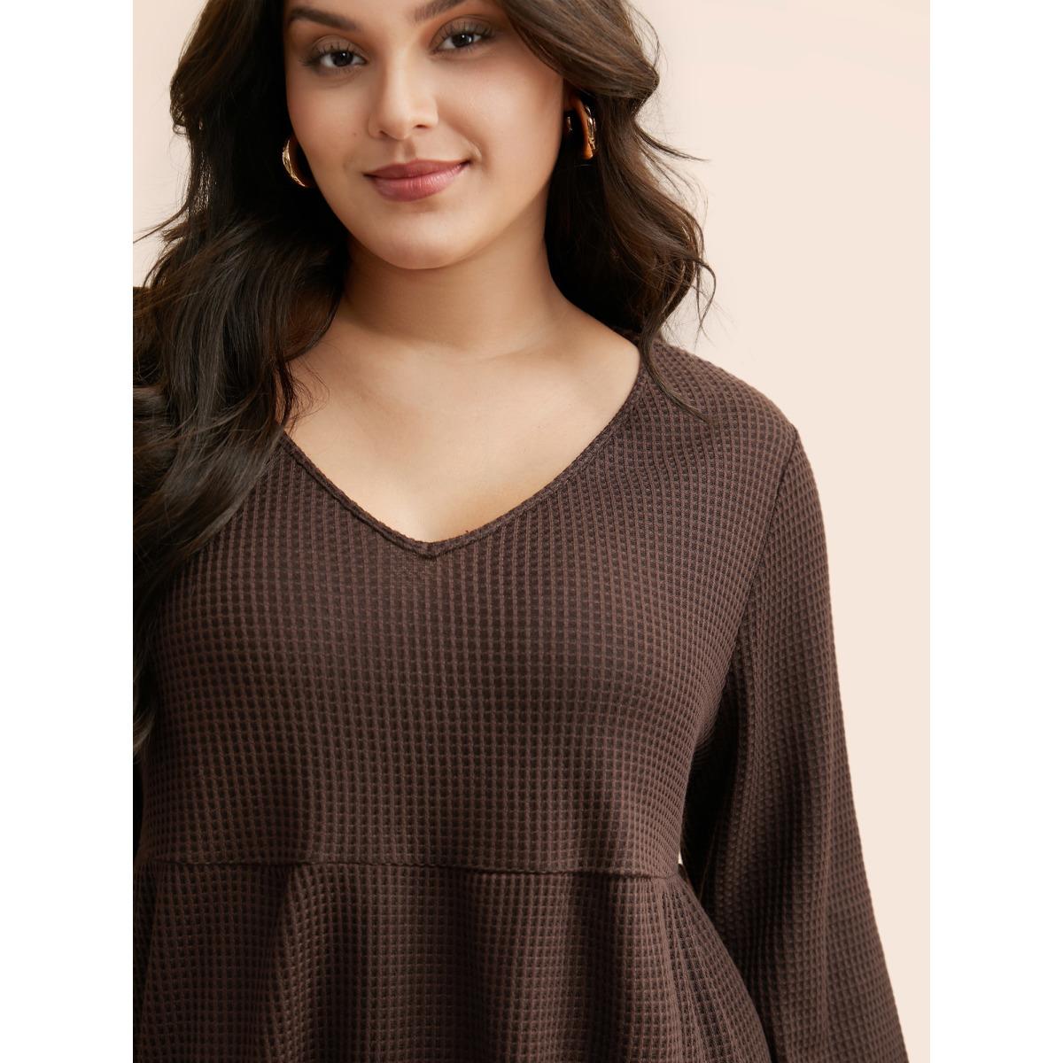 Plus Size Solid Waffle Knit Ruffle Hem T-shirt DarkBrown Women Casual Texture V-neck Everyday T-shirts BloomChic 12/L Product Image