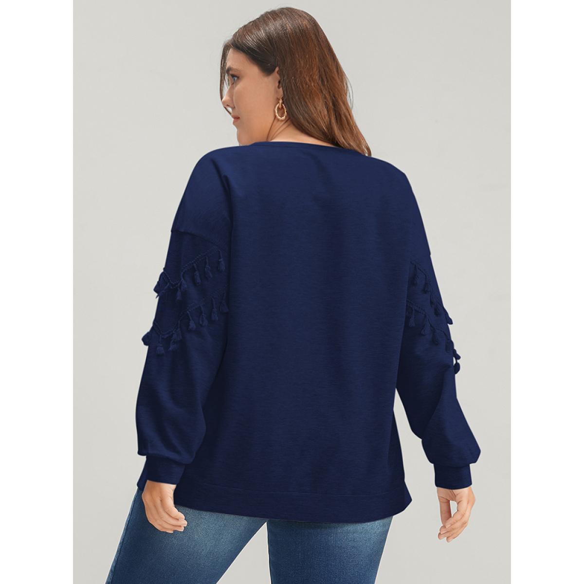 Plus Size Solid Round Neck Tassels Drop Shoulder Sweatshirt Women DarkBlue Casual Patchwork Round Neck Dailywear Sweatshirts BloomChic 12/L Product Image