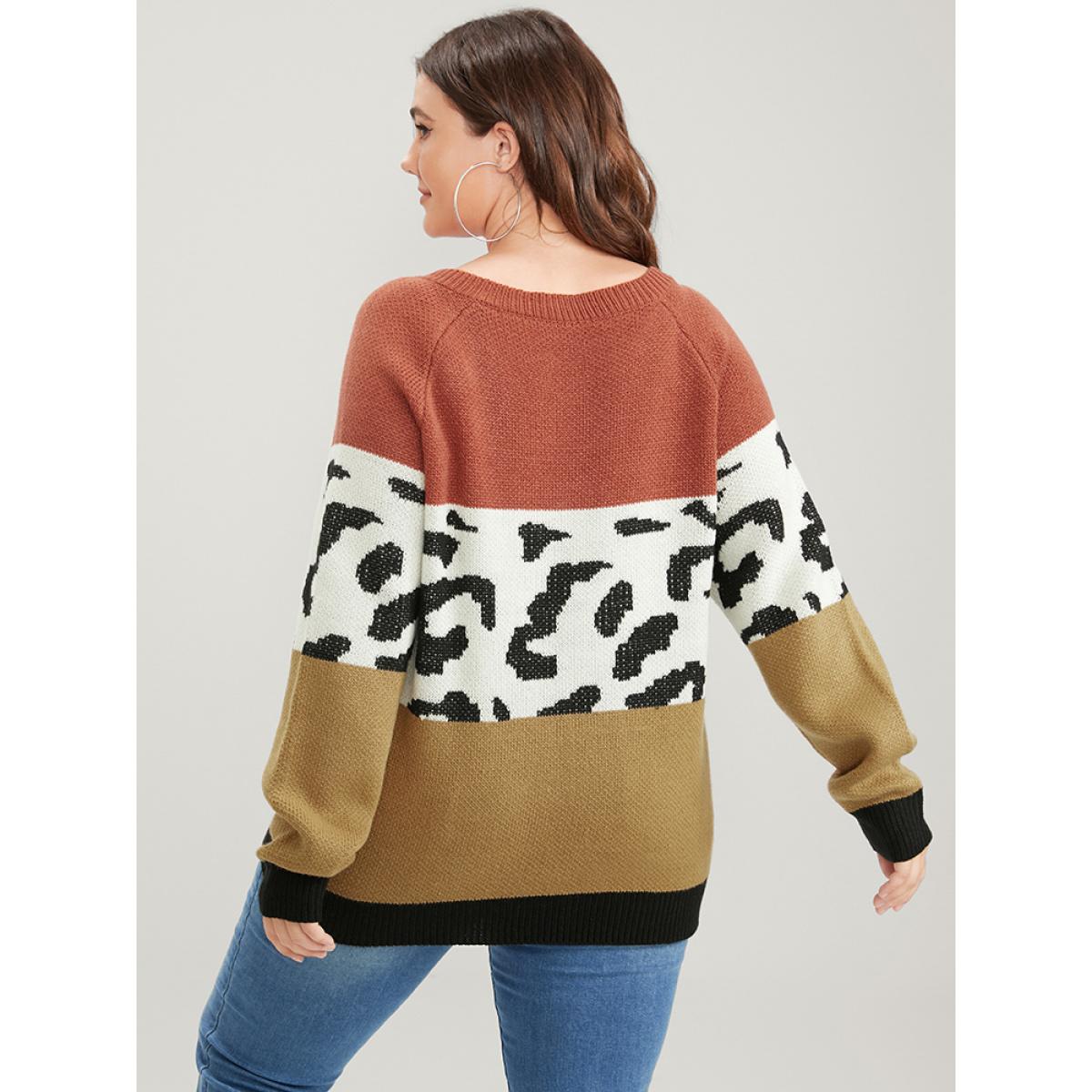 Plus Size Leopard Colorblock Contrast Pointelle Knit V Neck Knit Top Multicolor Women Casual Loose Long Sleeve V-neck Dailywear Pullovers BloomChic 18-20/2X Product Image