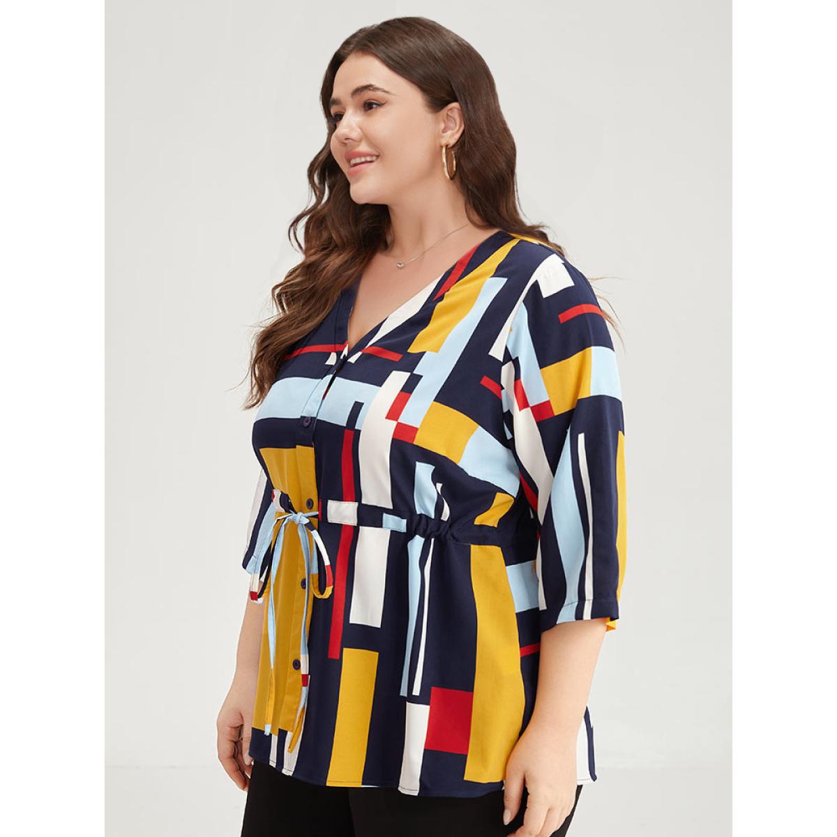 Plus Size Multicolor Geometric Contrast Drawstring Button Up Blouse Women Office Elbow-length sleeve V-neck Office Blouses BloomChic 26/4X Product Image