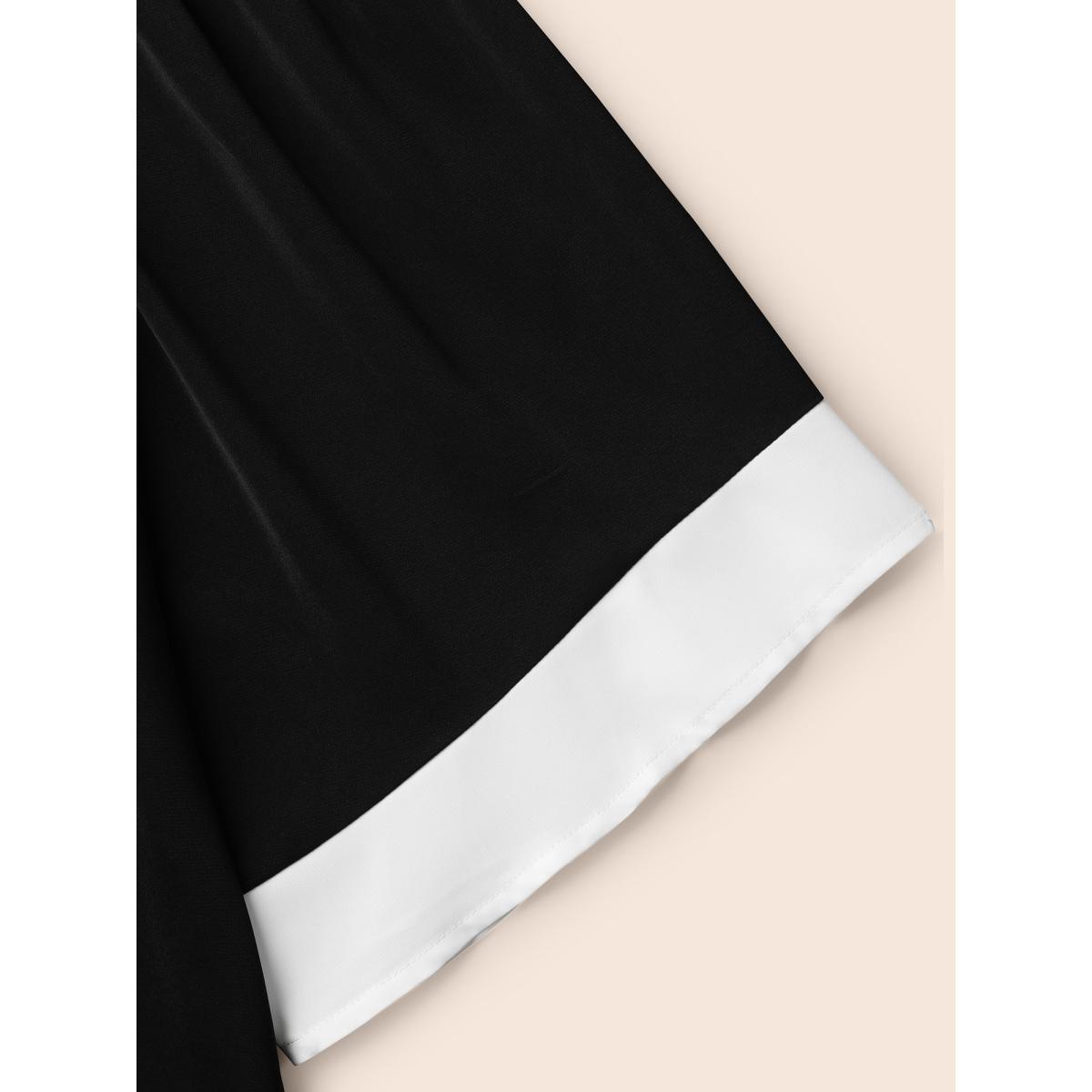 Plus Size Black Color-Block Off-Shoulder Pleated Blouse Women Elegant Elbow-length sleeve Round Neck Everyday Blouses BloomChic 26/4X Product Image