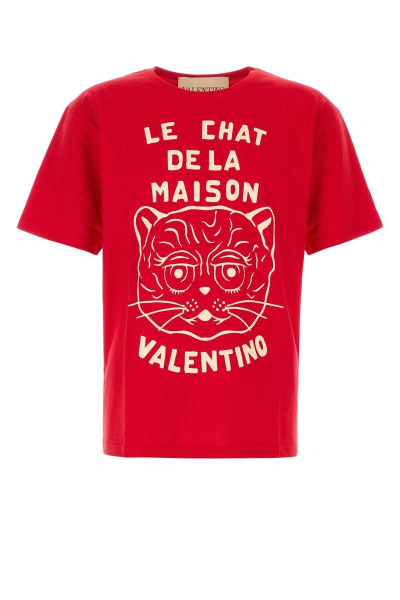 VALENTINO Graphic Print House Cat Crew Neck T-shirt In Red Product Image