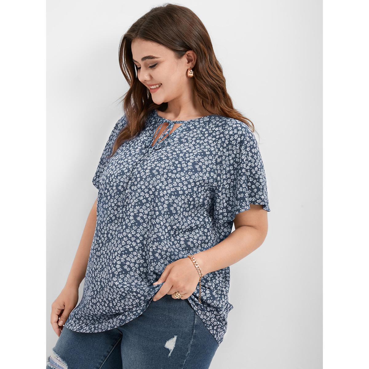 Ditsy Floral Tie Neck Flutter Sleeve Blouse Product Image