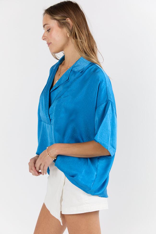 Dramatic Entrance Blue Oversized Satin Collared Blouse FINAL SALE Product Image