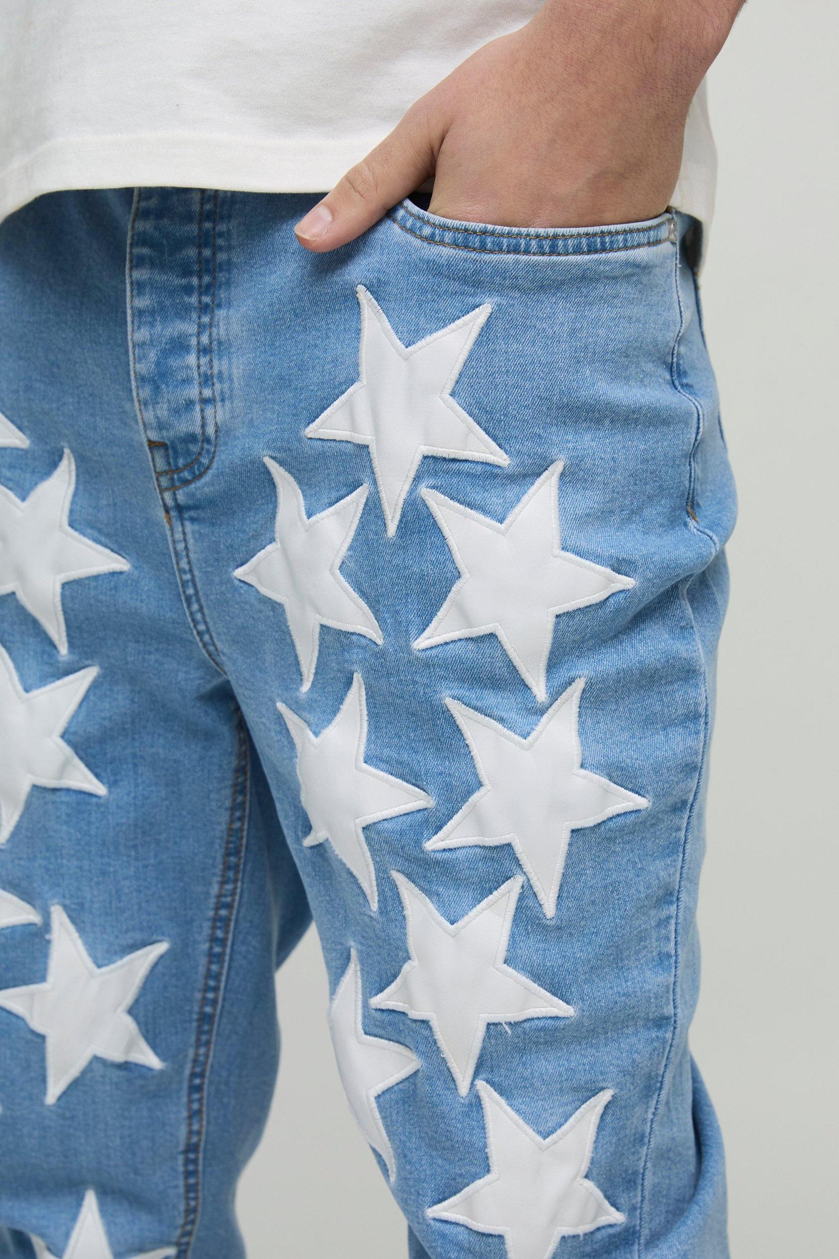 Skinny Stacked PU Star Applique Jeans | boohooMAN USA Product Image