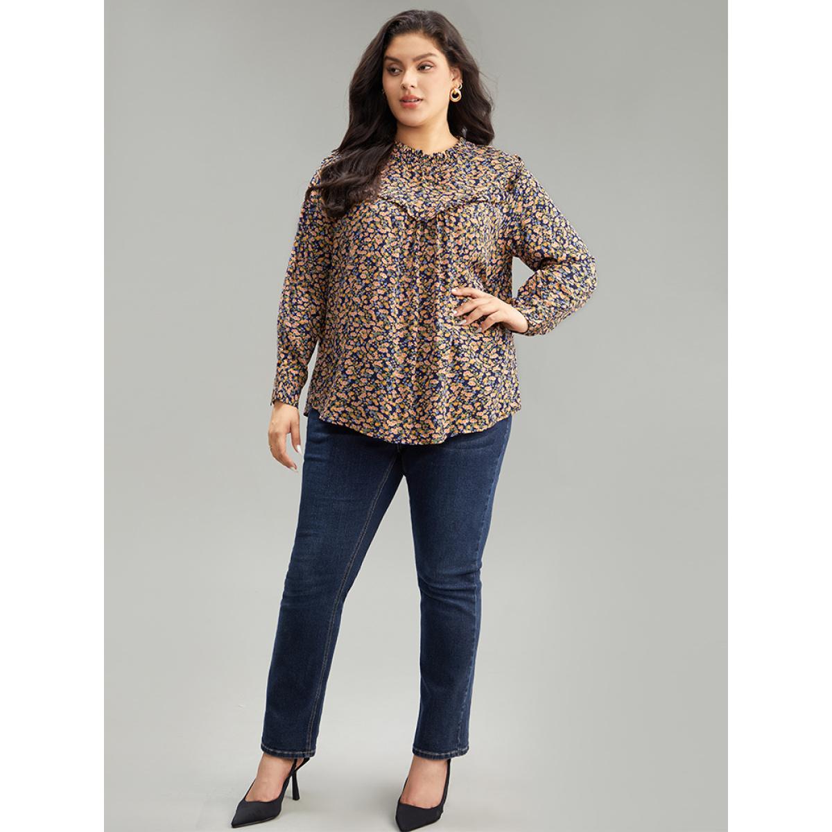 Plus Size Multicolor Ditsy Floral Shirred Ruffle Trim Blouse Women Elegant Long Sleeve Halter neck Dailywear Blouses BloomChic 14-16/1X Product Image