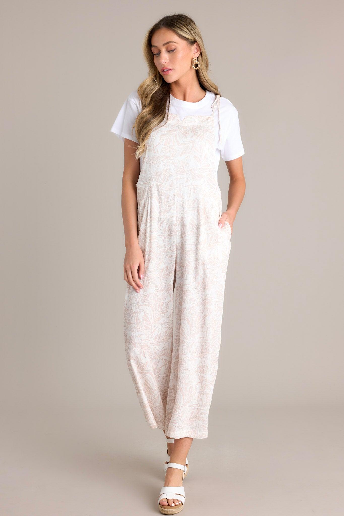 Palm Escape Natural Tropical Print Overalls Product Image