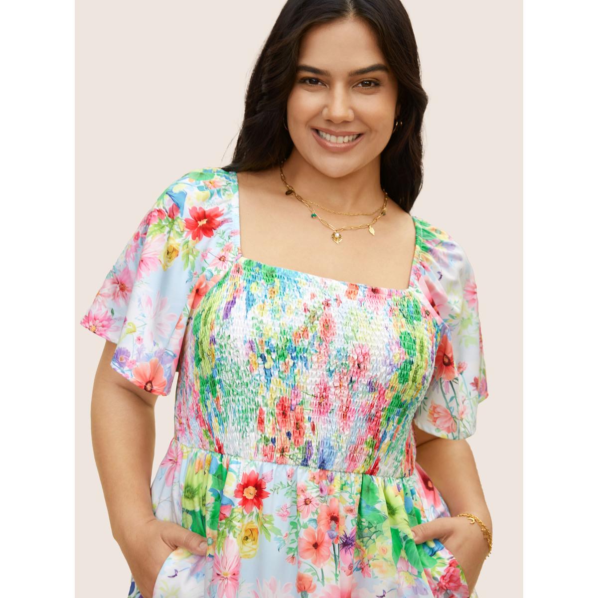 Plus Size Square Neck Floral Shirred Ruffle Layered Hem Dress Originalwhite Women Elegant Shirred Square Neck Short sleeve Curvy BloomChic 22-24/3X Product Image