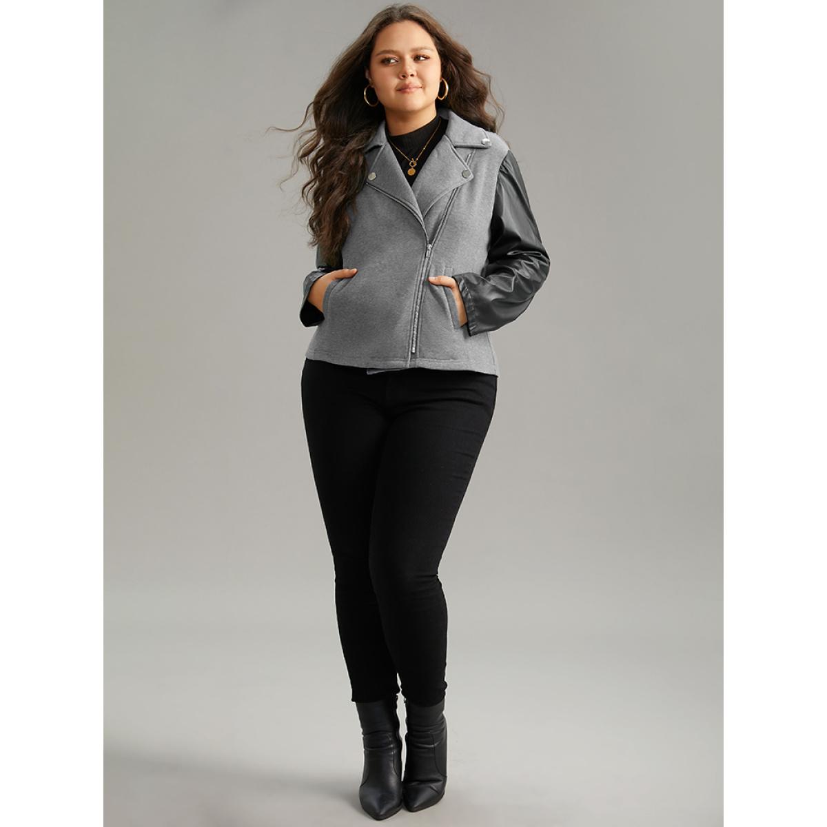 Plus Size PU Leather Zipper Contrast Button Detail Jacket Women Black Contrast Pocket Dailywear Jackets BloomChic 26/4X Product Image