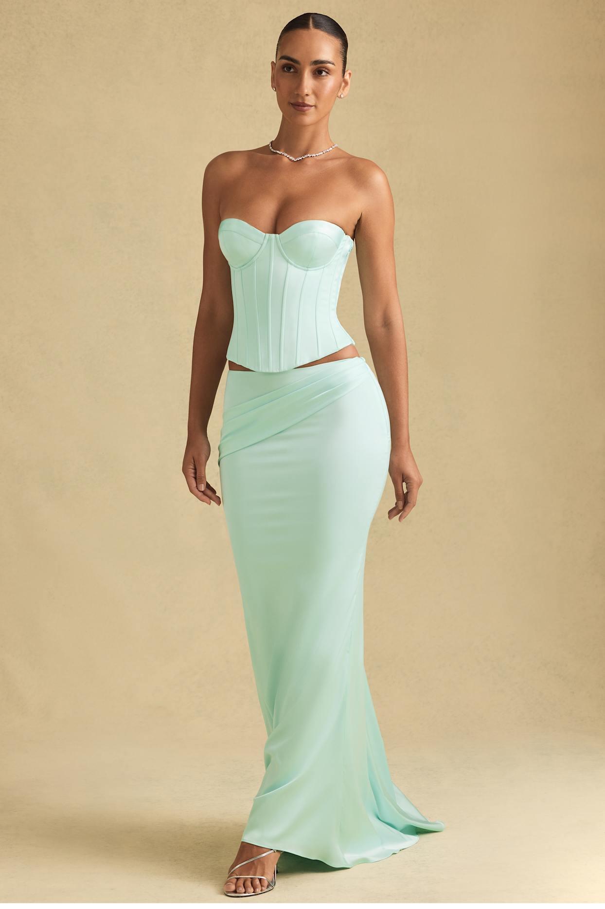 Draped Low-Rise Maxi Skirt in Mint Product Image
