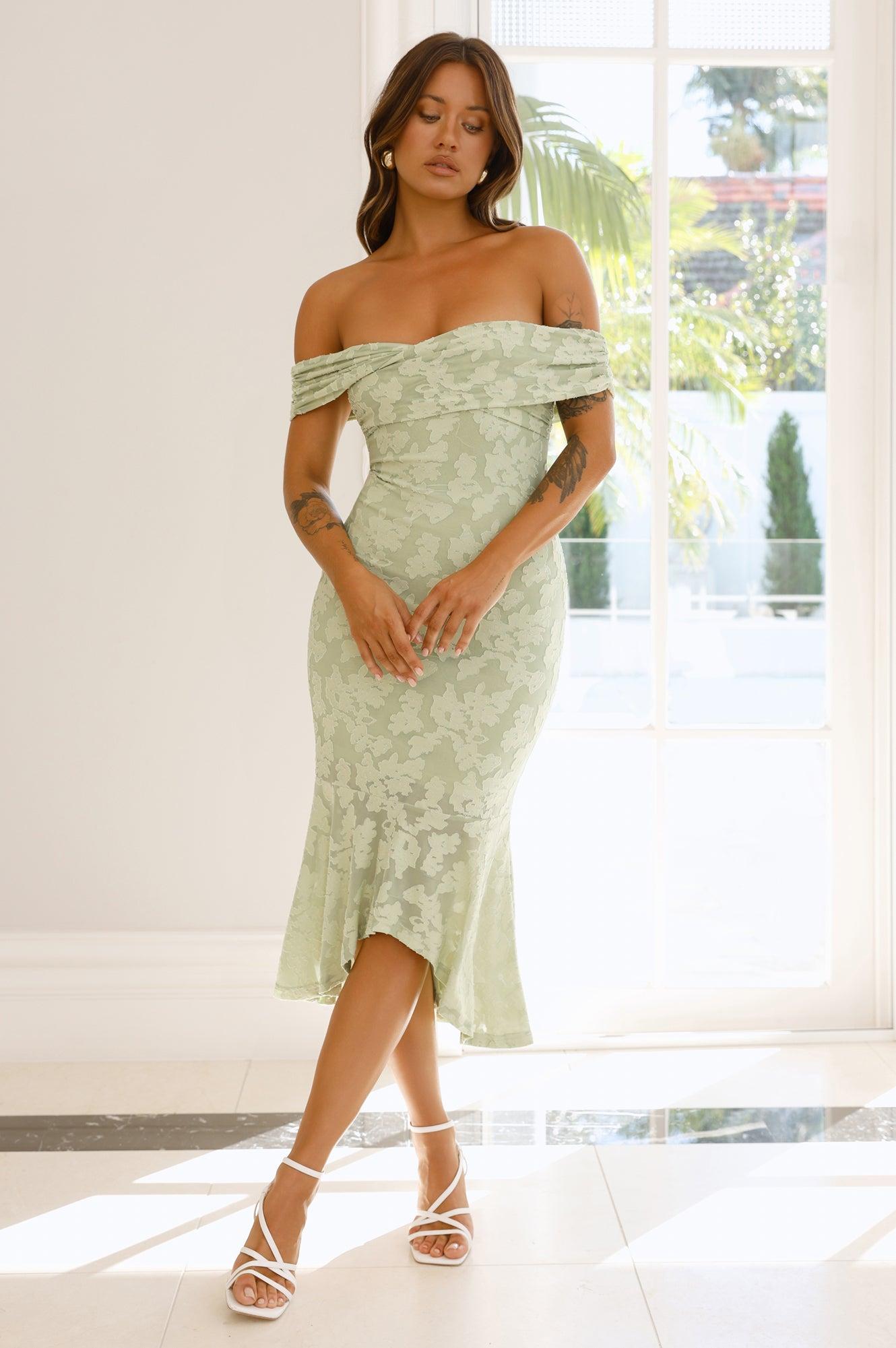 Botanical Embrace Off Shoulder Midi Dress Sage Product Image